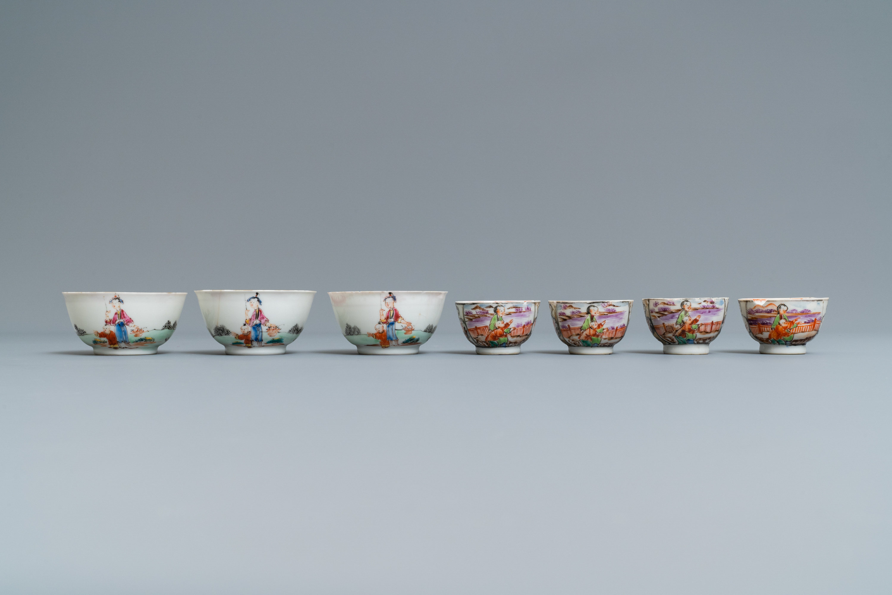 Seven Chinese famille rose 'Mandarin' cups and saucers, Qianlong - Image 7 of 9