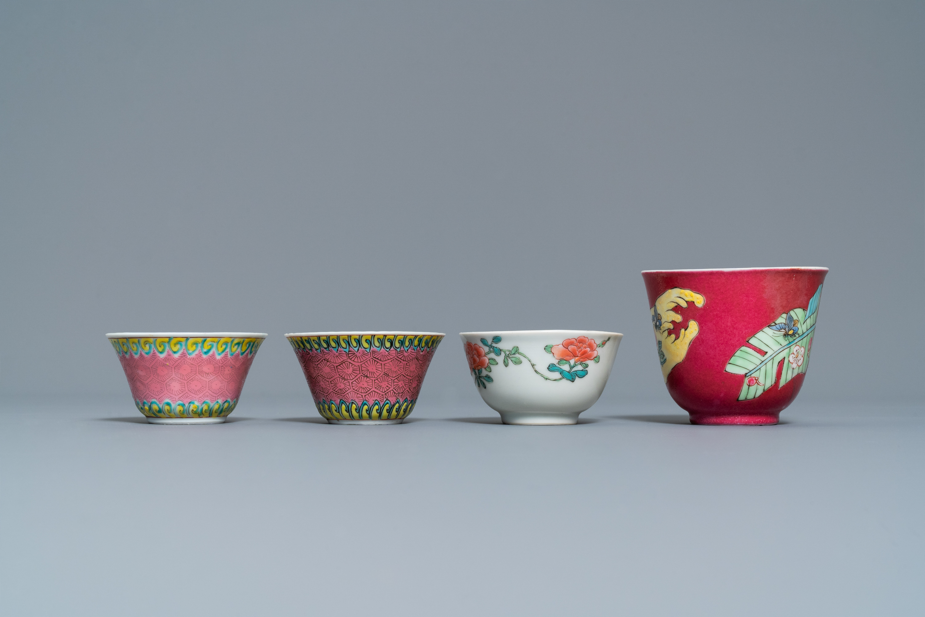 Four Chinese famille rose cups and saucers, Yongzheng/Qianlong - Image 7 of 9