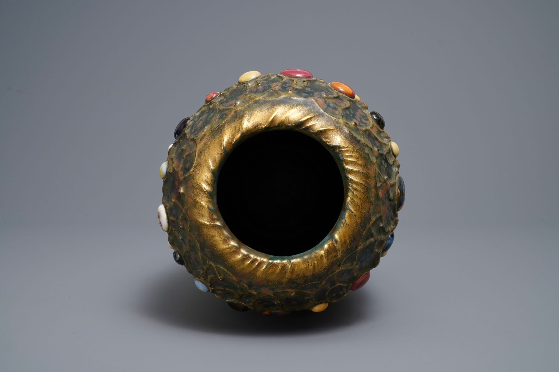 An Amphora Gres-Bijou series pottery vase w. faux precious stones & lightning design, early 20th C. - Image 5 of 6