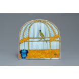 A polychrome Dutch Delft trompe l'oeil birdcage plaque, 18th C.