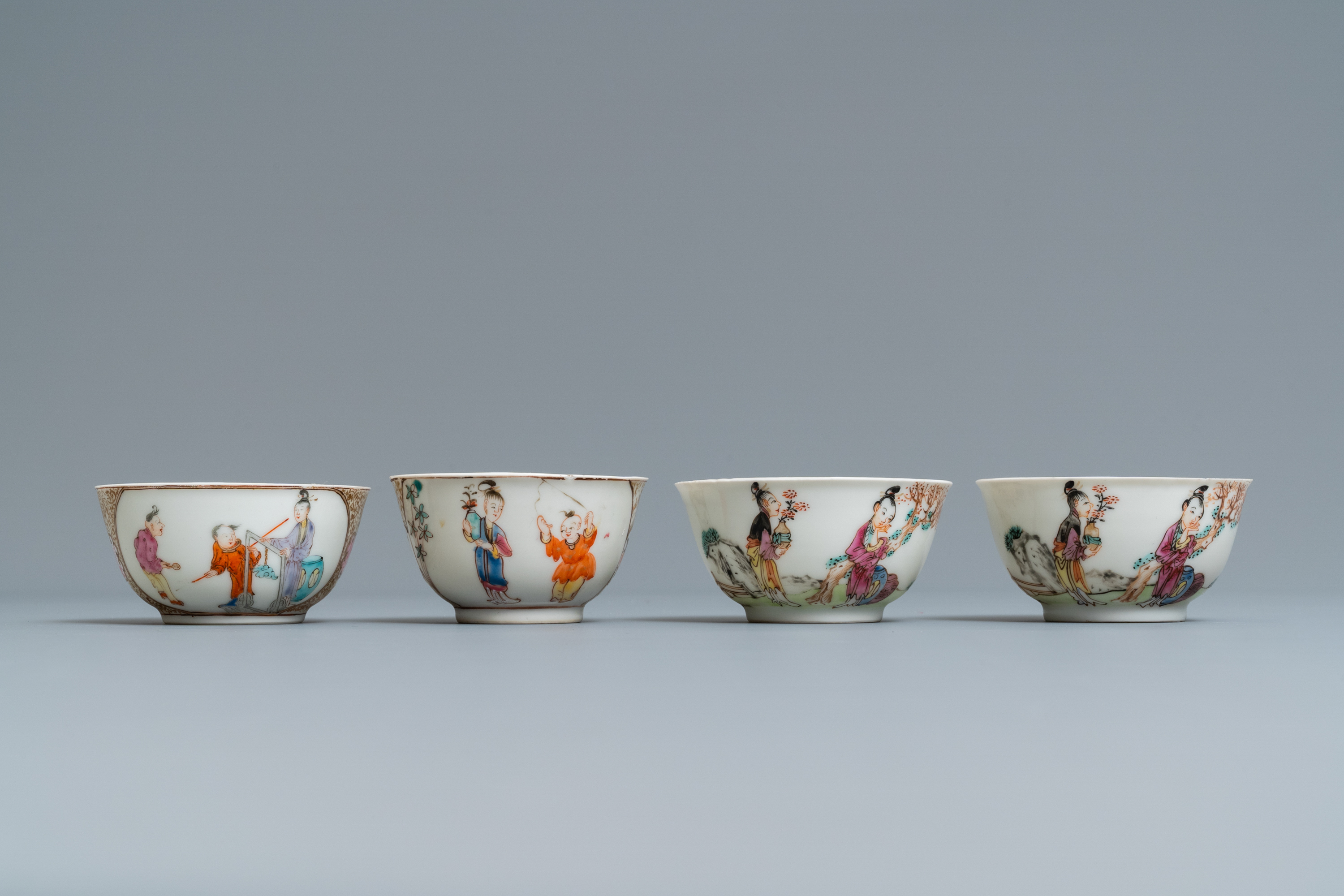 Four Chinese famille rose 'Mandarin' cups and saucers, Qianlong - Image 4 of 9
