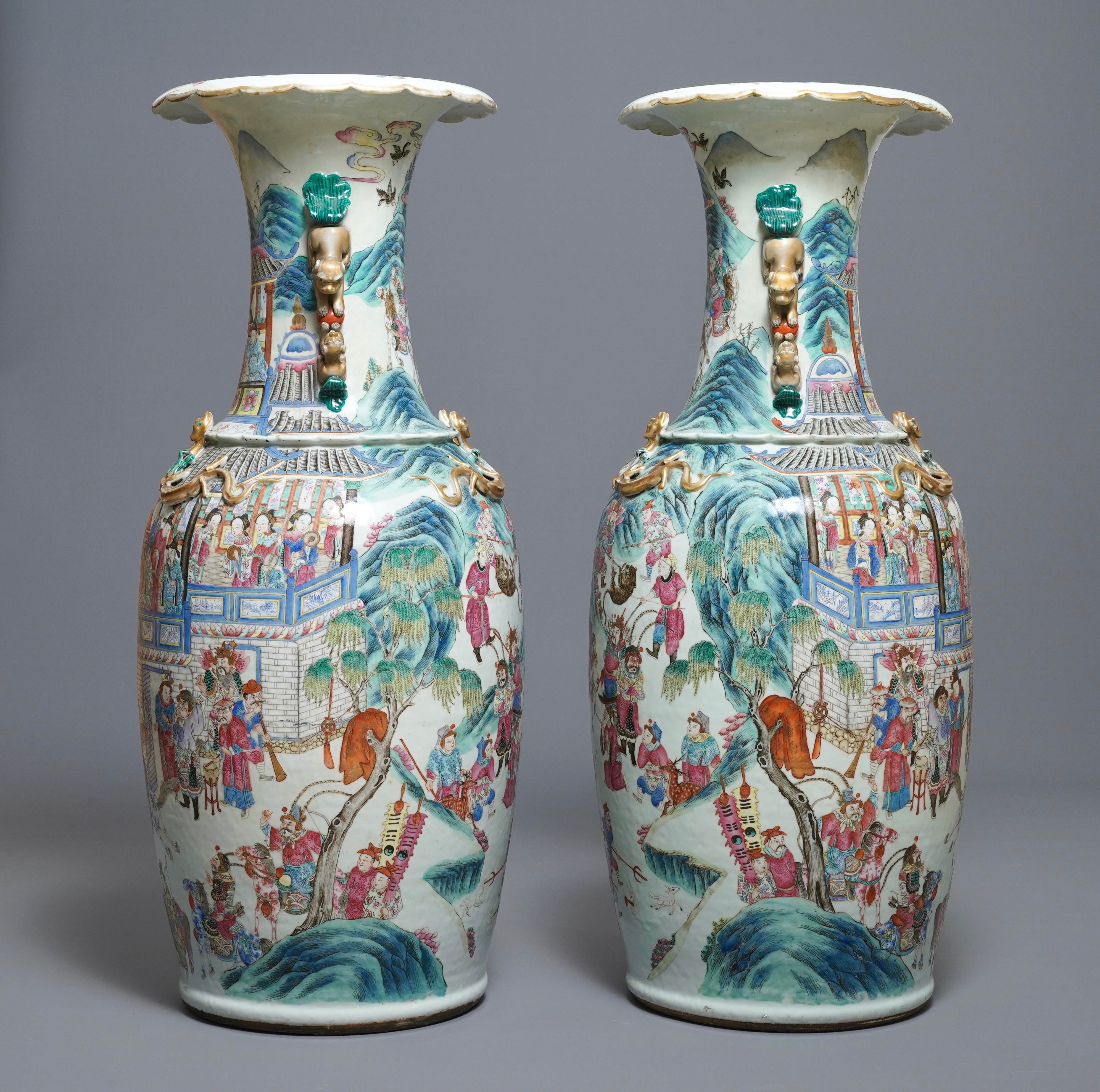 A pair of large Chinese famille rose vases with narrative design, 19th C. - Image 2 of 6