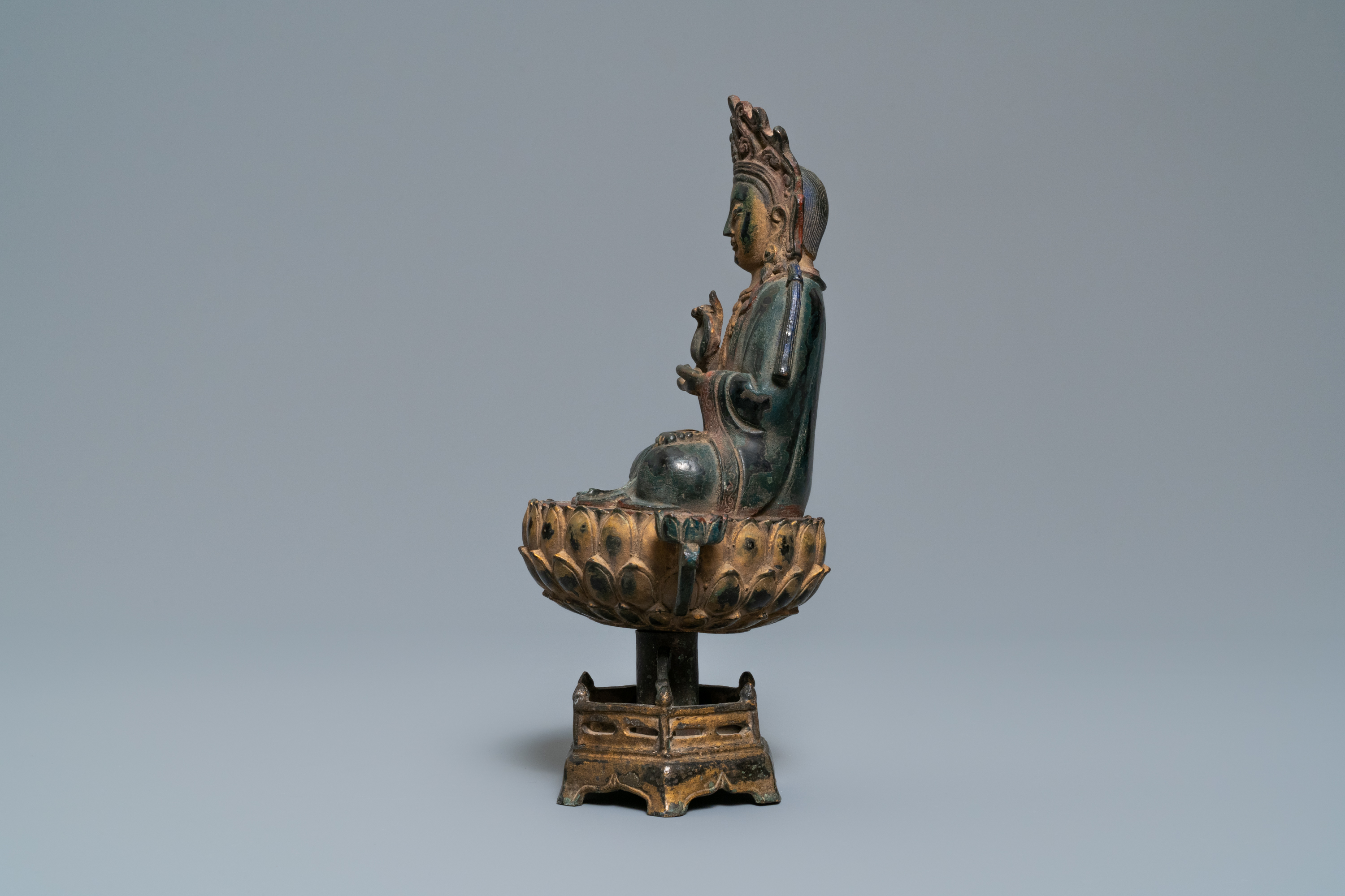 A Chinese polychrome and gilt bronze figure of Buddha on a lotus throne, Qing - Image 5 of 7