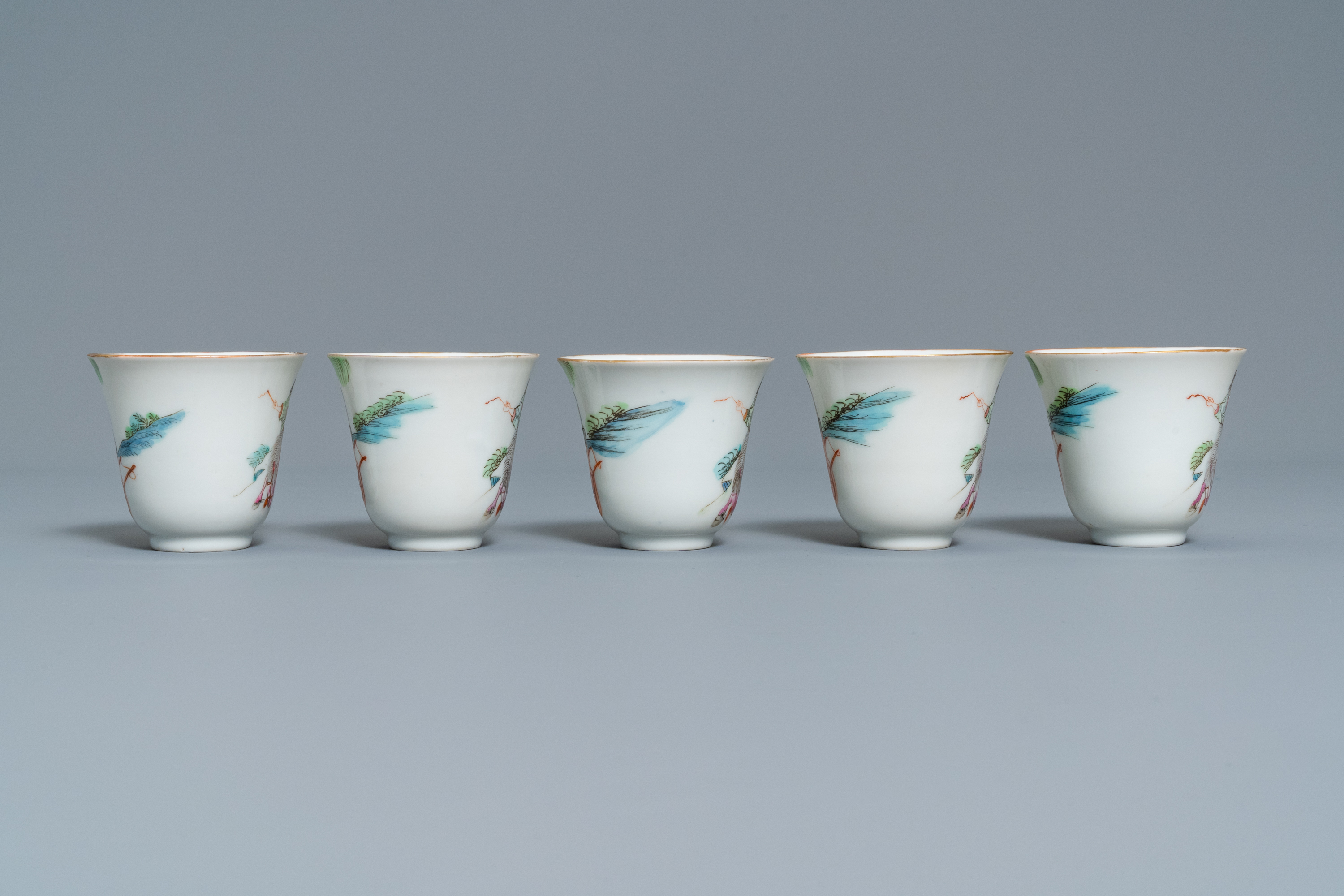 Five Chinese famille rose cups and saucers, Tongzhi mark and of the period - Image 8 of 11