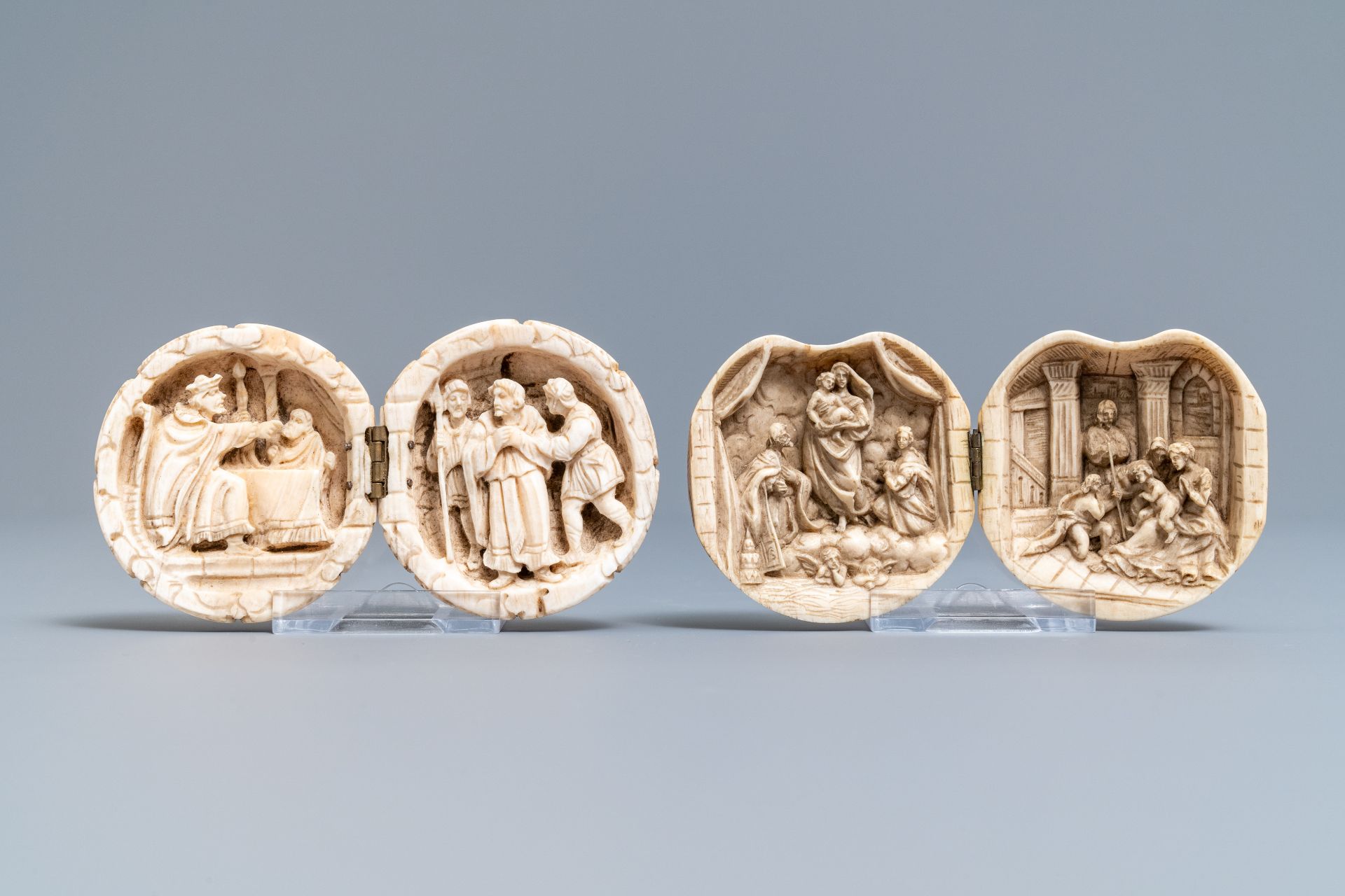 Two carved ivory diptych ball carvings, Dieppe, France, 18/19th C.