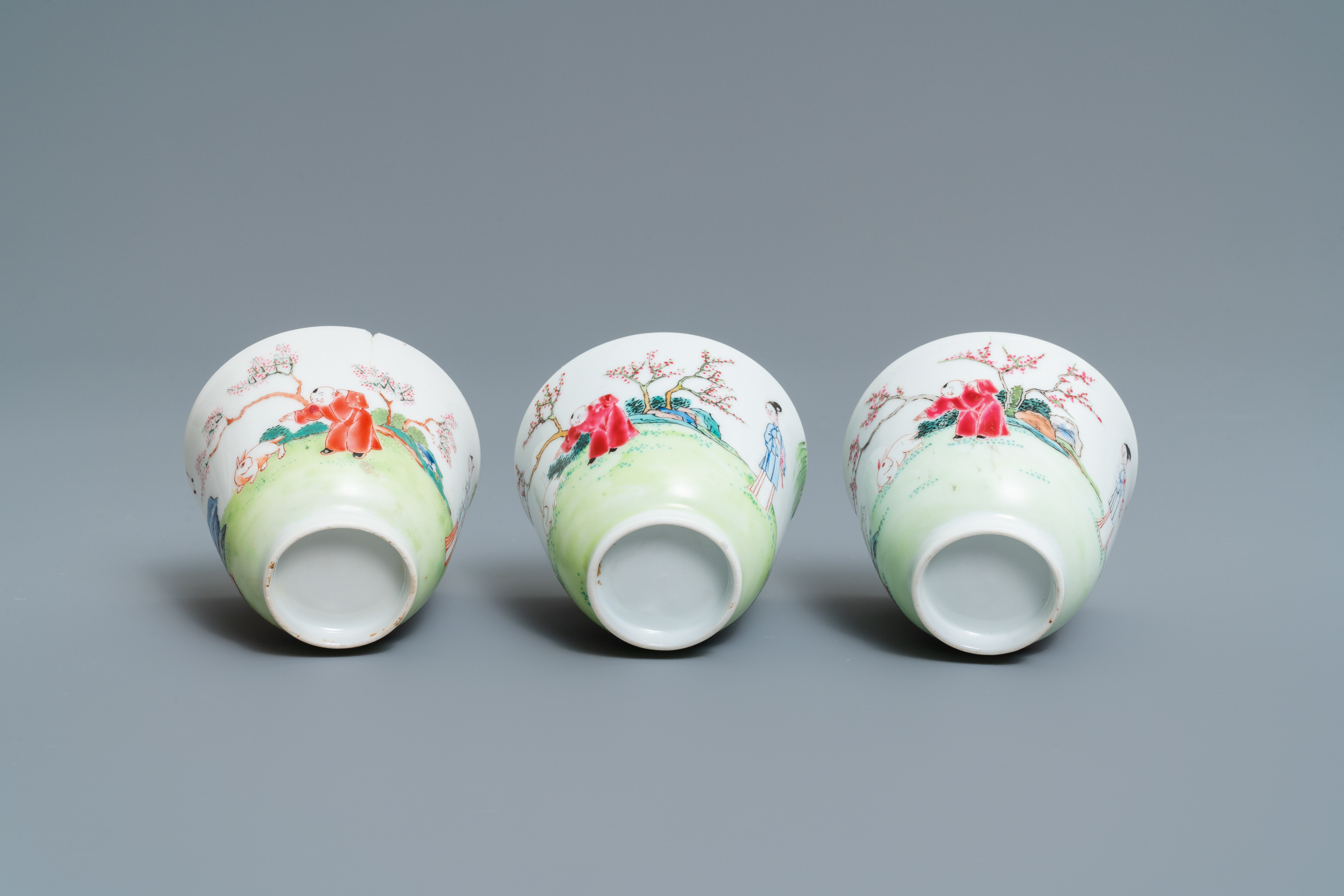 Three Chinese famille rose cups and saucers with figures in a garden, Yongzheng - Image 9 of 9