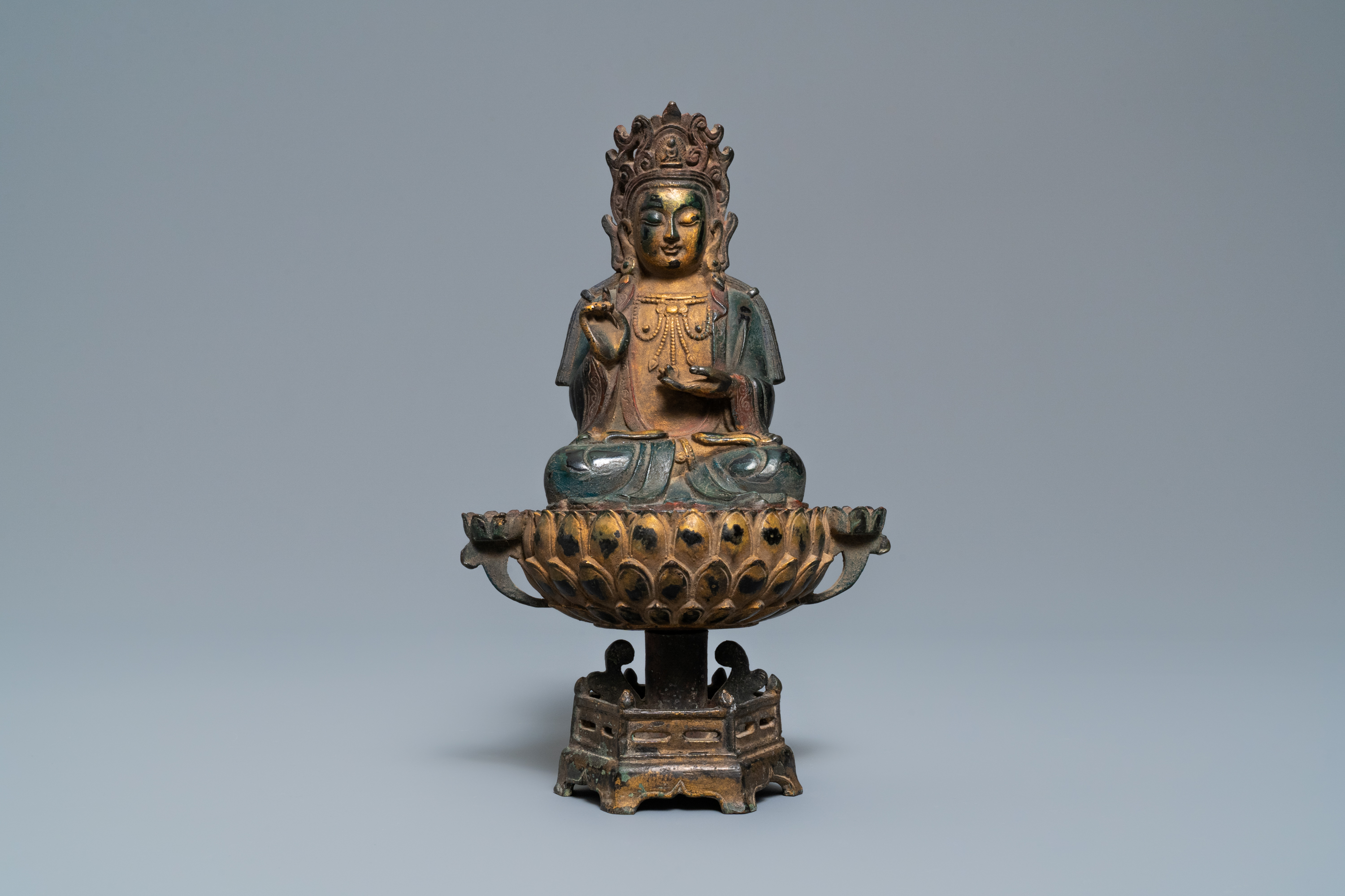 A Chinese polychrome and gilt bronze figure of Buddha on a lotus throne, Qing - Image 2 of 7