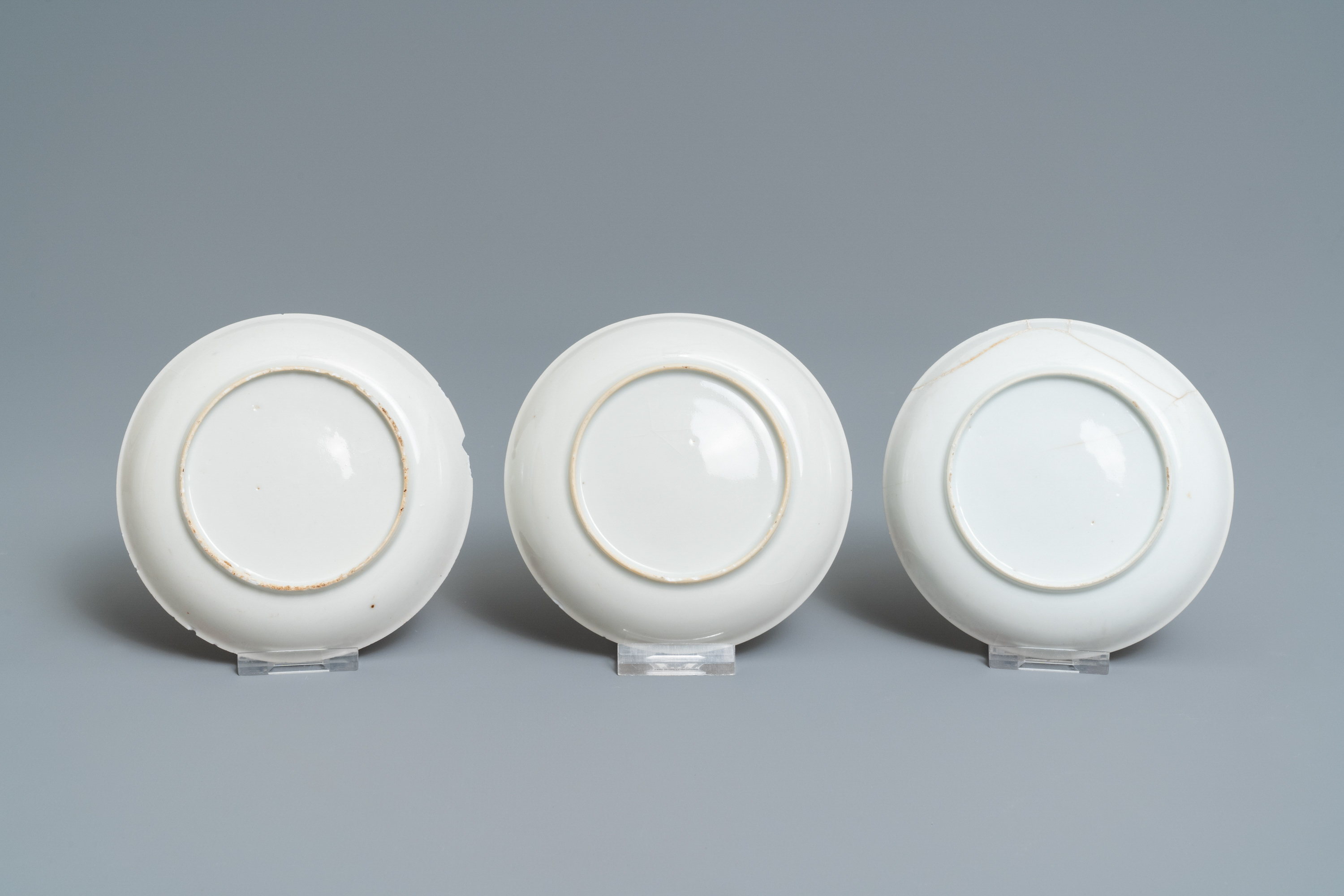 Seven Chinese famille rose 'Mandarin' cups and saucers, Qianlong - Image 3 of 9