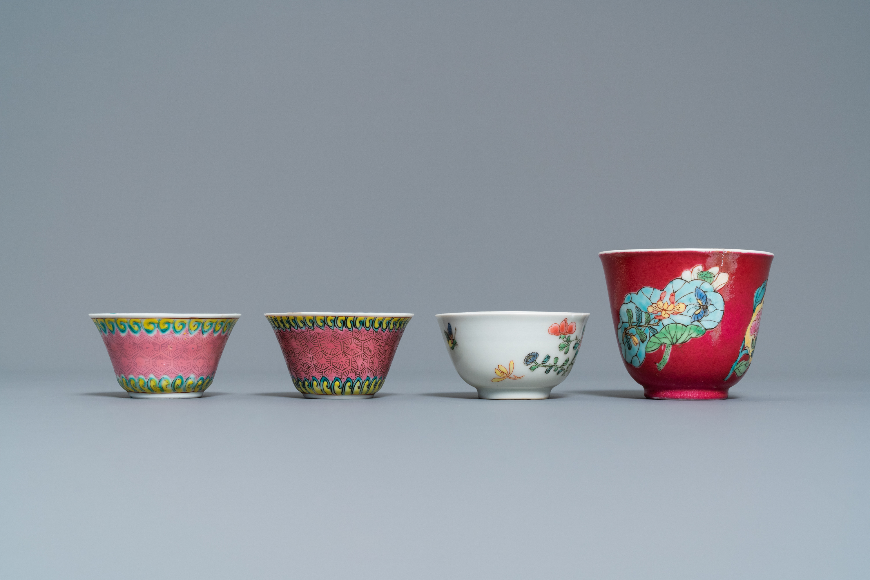 Four Chinese famille rose cups and saucers, Yongzheng/Qianlong - Image 5 of 9