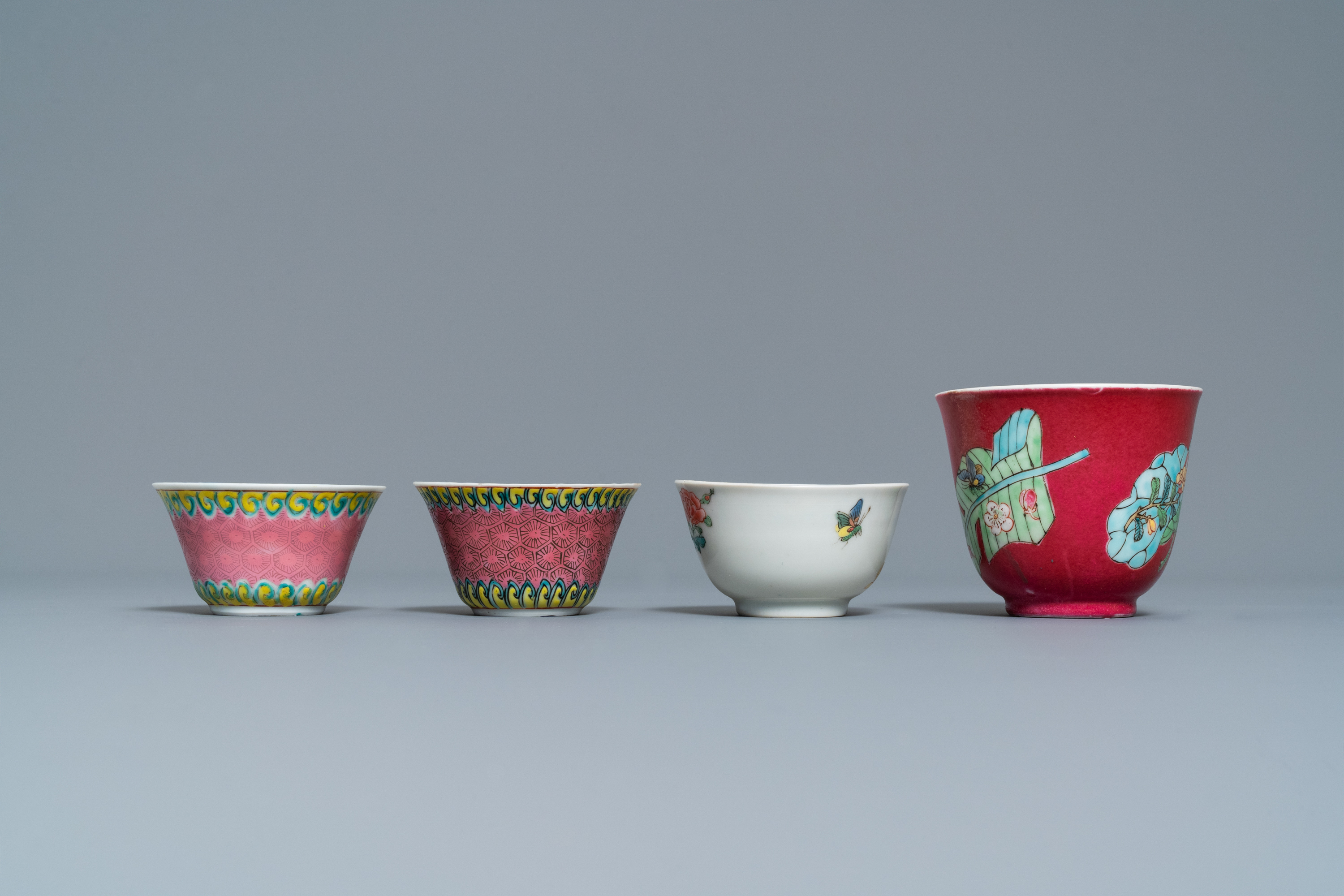 Four Chinese famille rose cups and saucers, Yongzheng/Qianlong - Image 6 of 9