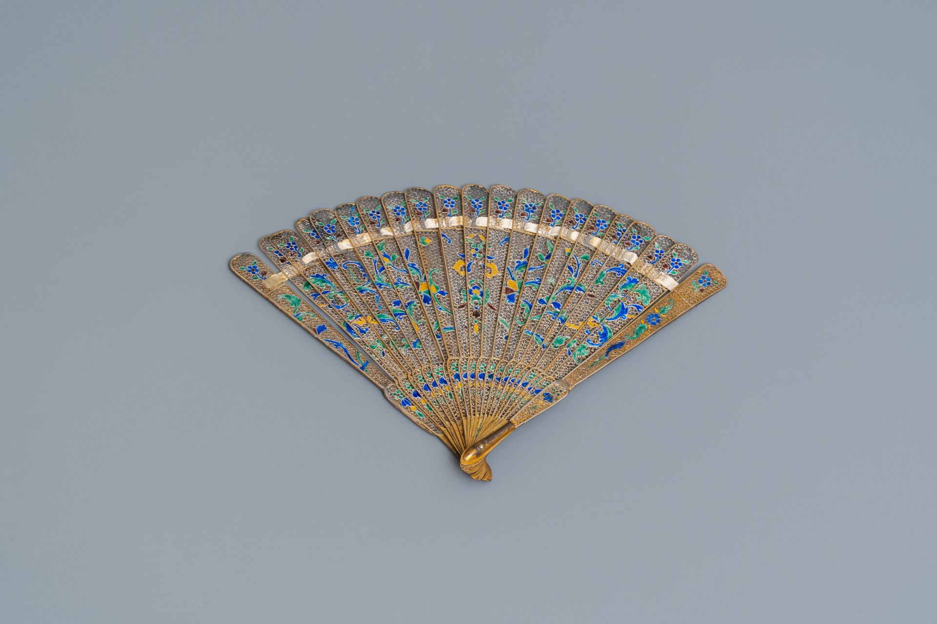 Two Chinese filigree and enamelled silver fans, 19th C. - Image 5 of 7