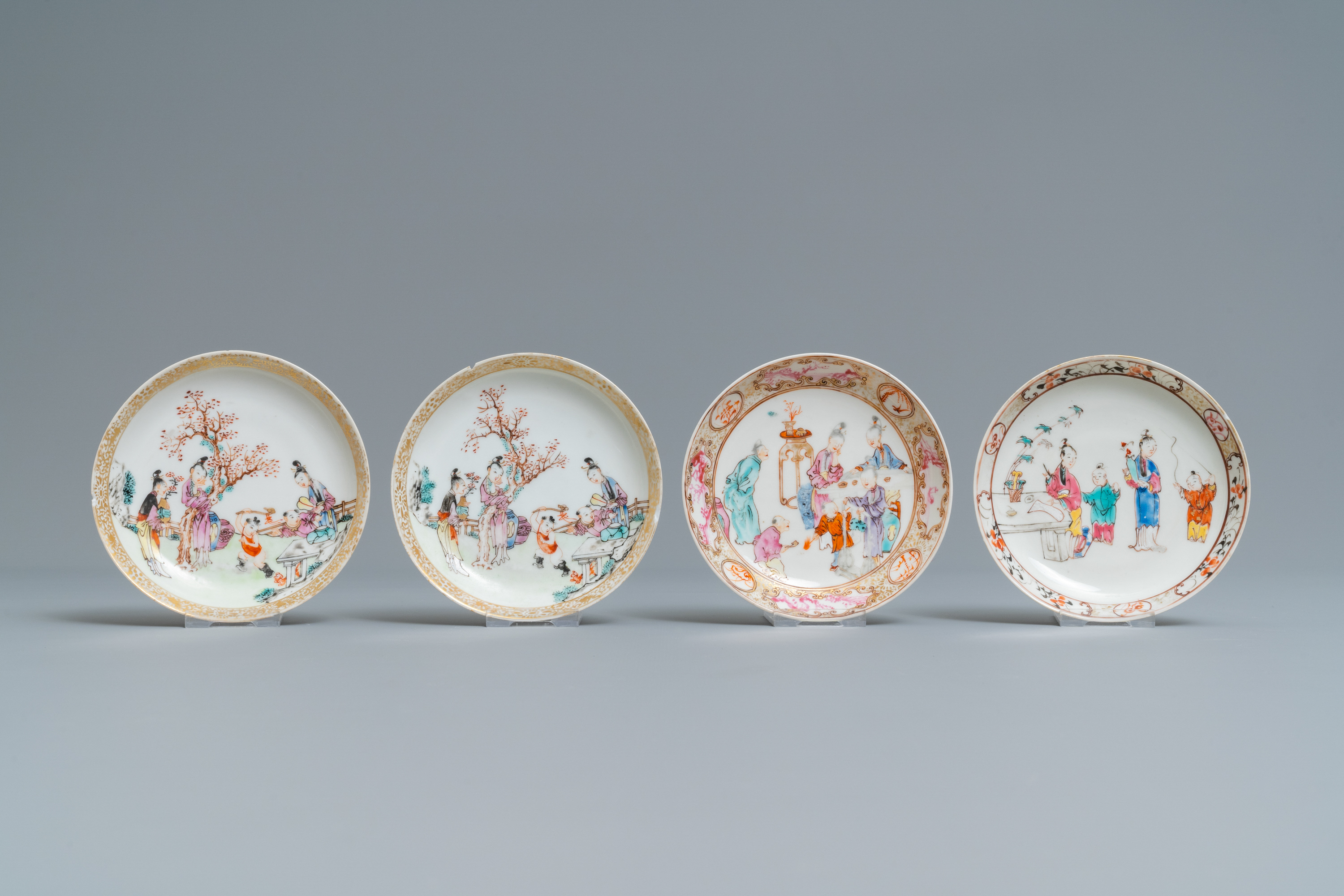 Four Chinese famille rose 'Mandarin' cups and saucers, Qianlong - Image 2 of 9