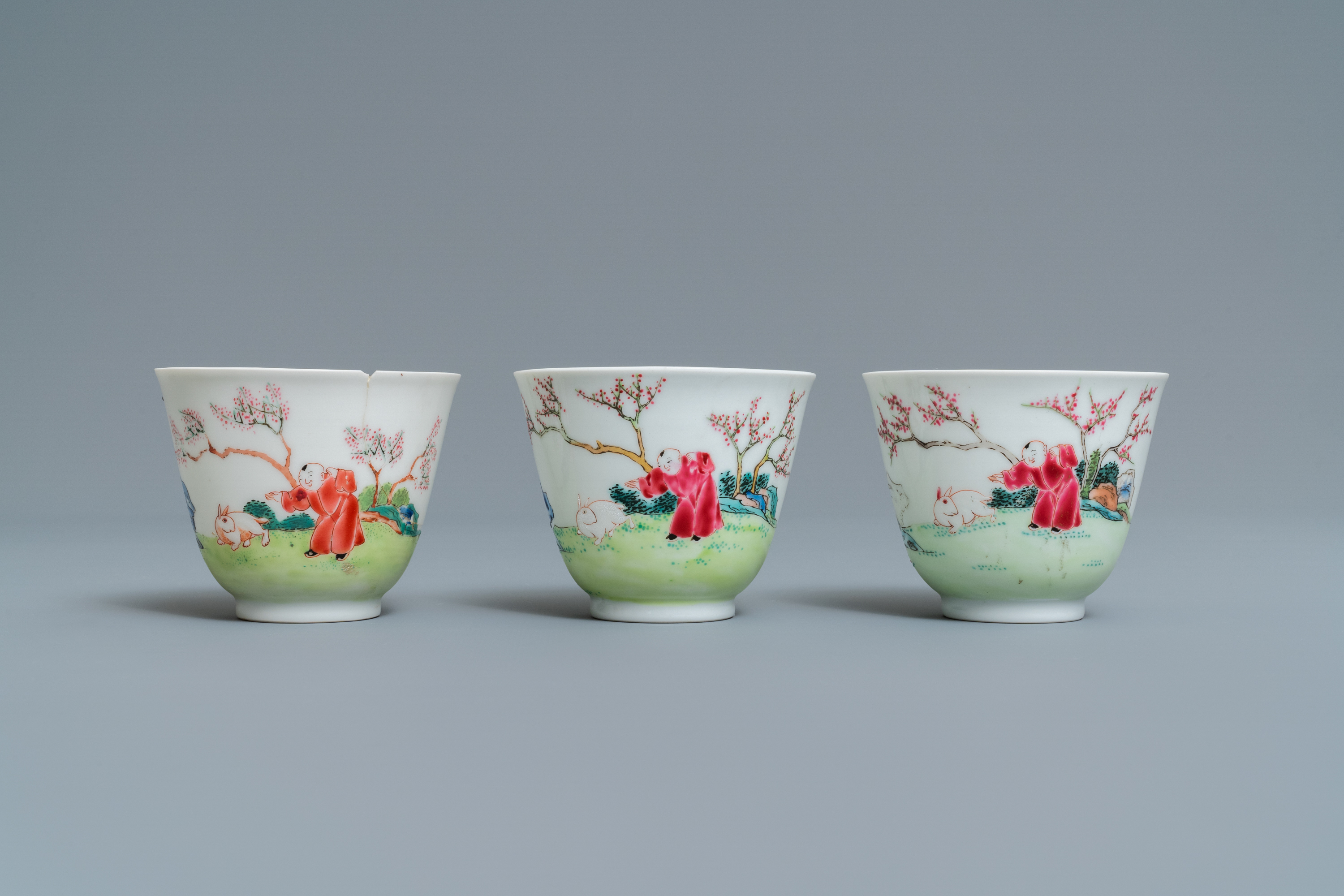 Three Chinese famille rose cups and saucers with figures in a garden, Yongzheng - Image 4 of 9