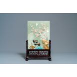 A Chinese inlaid hardstone table screen, 19/20th C.