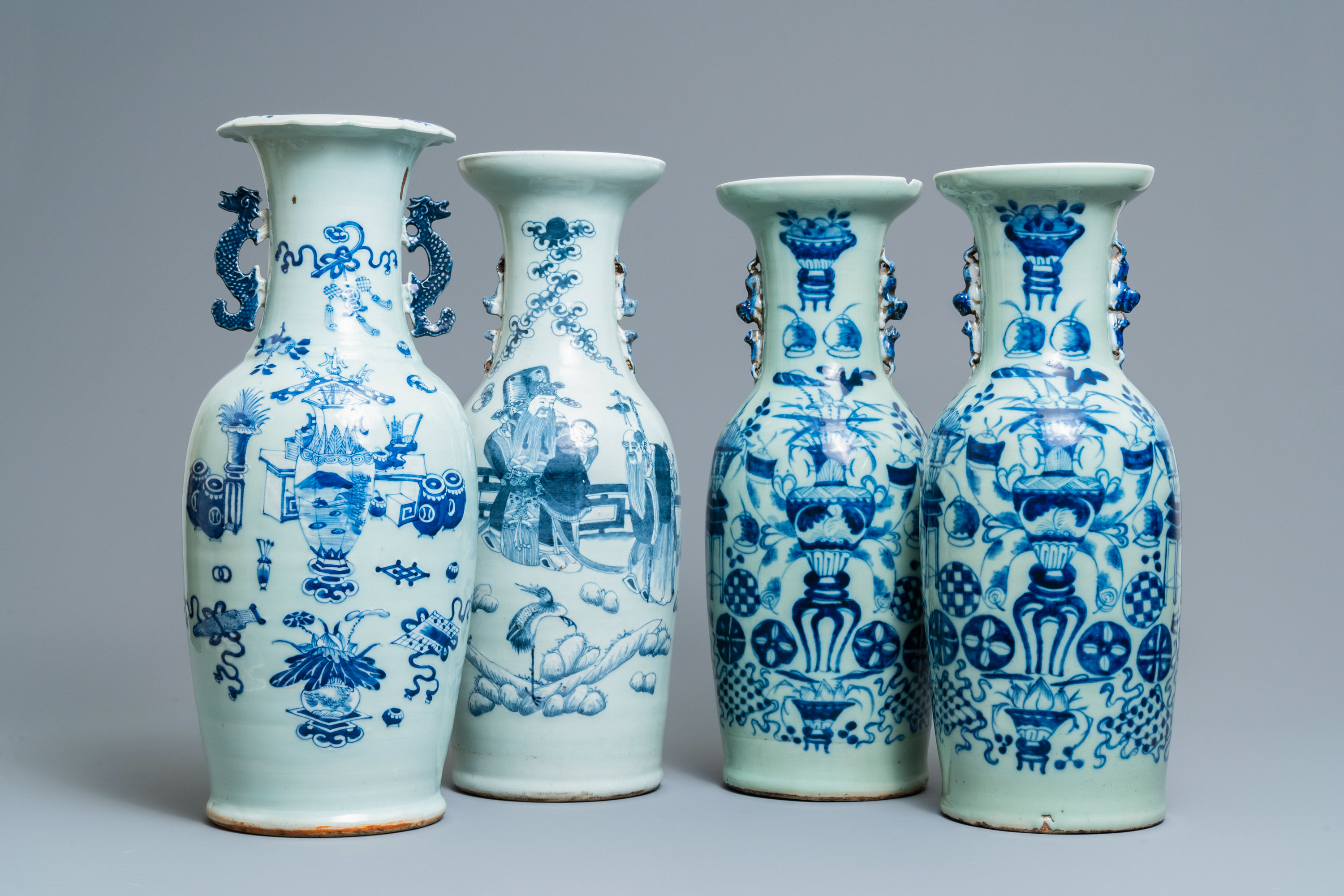 Four Chinese blue and white celadon-ground vases, 19th C.