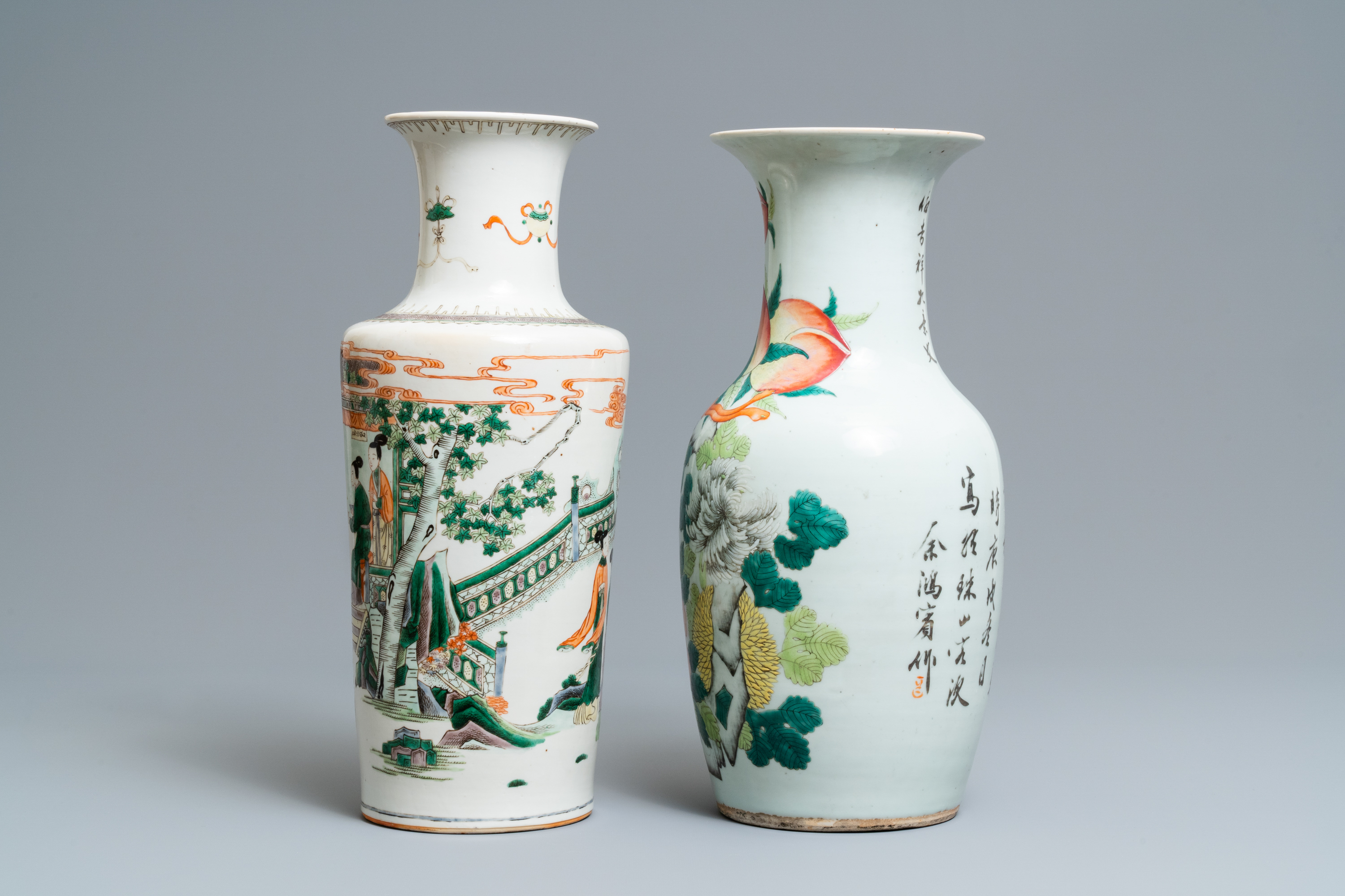 A Chinese famille verte rouleau vase and a famille rose vase, 19th C. - Image 4 of 6