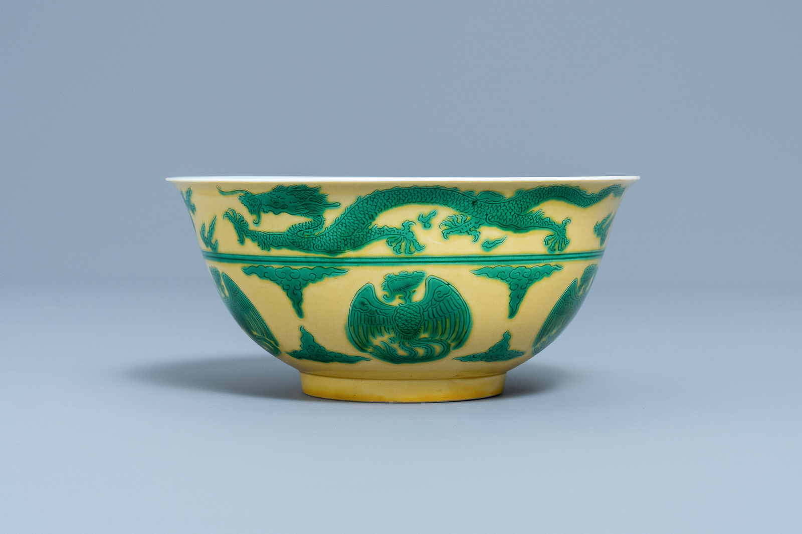 An imperial Chinese green & yellow enamelled 'dragon and phoenix' bowl, Kangxi mark & of the period - Image 3 of 9