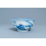 An imperial Chinese blue and white 'rice production' bowl, Kangxi mark and of the period