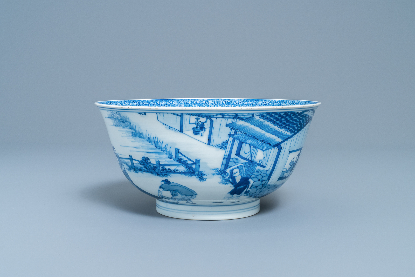 An imperial Chinese blue and white 'rice production' bowl, Kangxi mark and of the period - Image 3 of 14