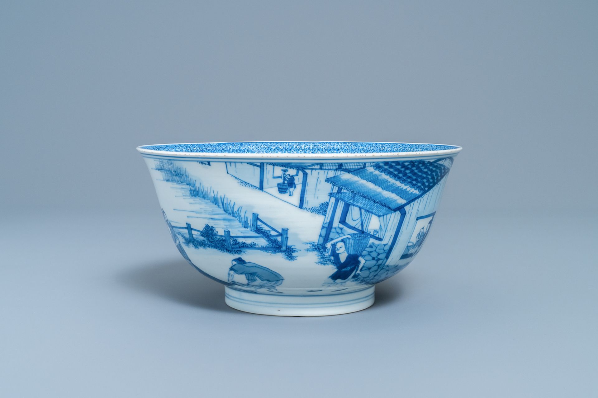 An imperial Chinese blue and white 'rice production' bowl, Kangxi mark and of the period - Bild 3 aus 14