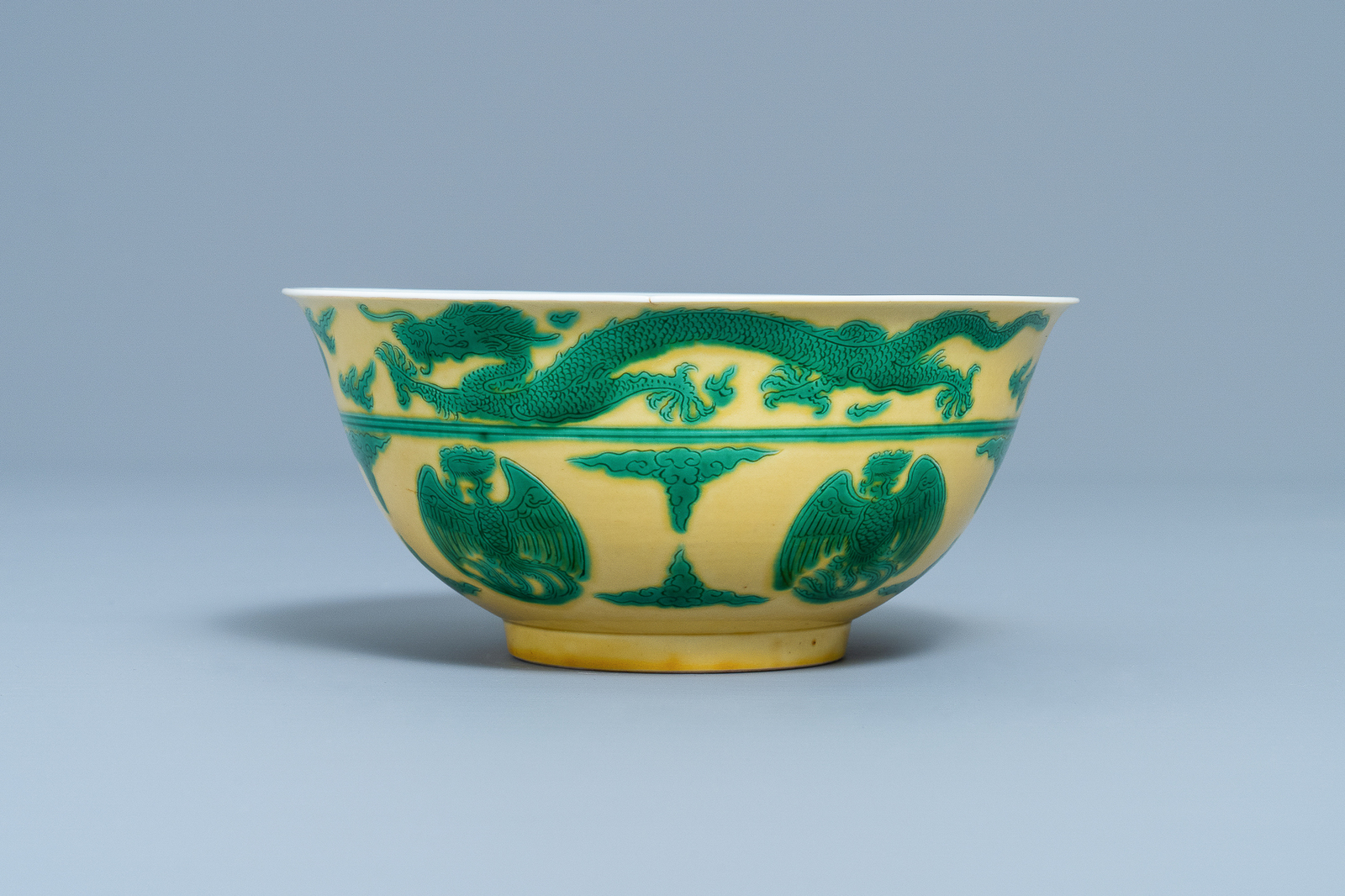 An imperial Chinese green & yellow enamelled 'dragon and phoenix' bowl, Kangxi mark & of the period - Image 6 of 9