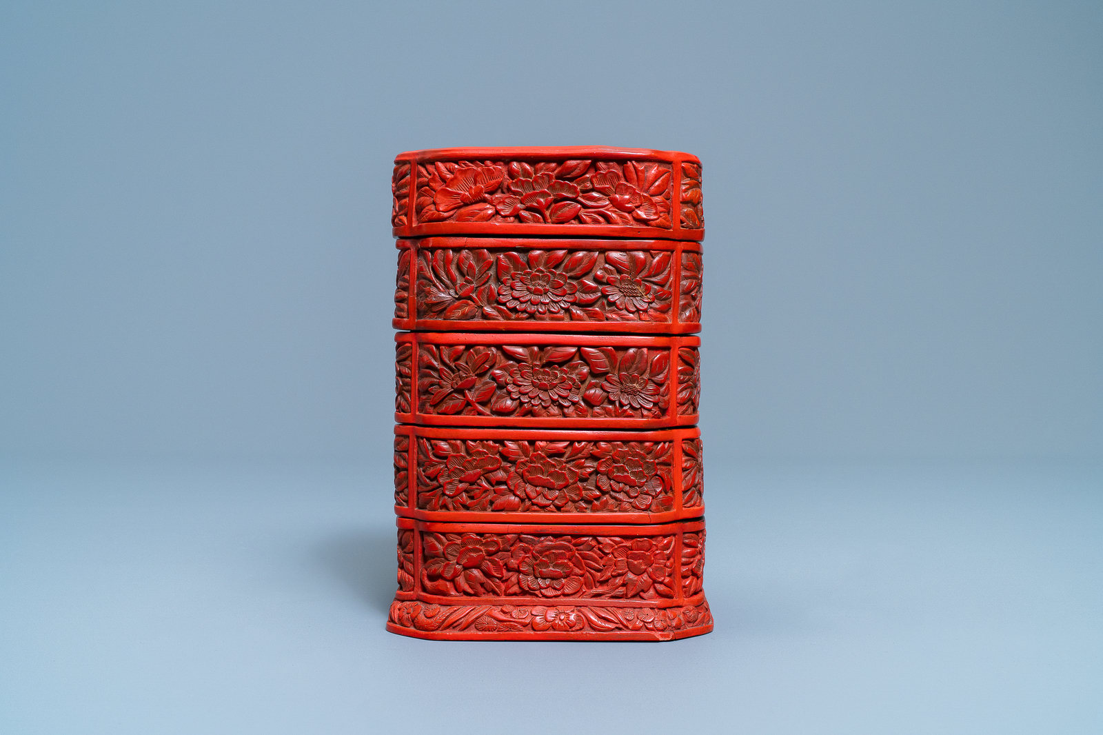 A Chinese red cinnabar lacquer four-tiered box, Wanli - Image 8 of 9