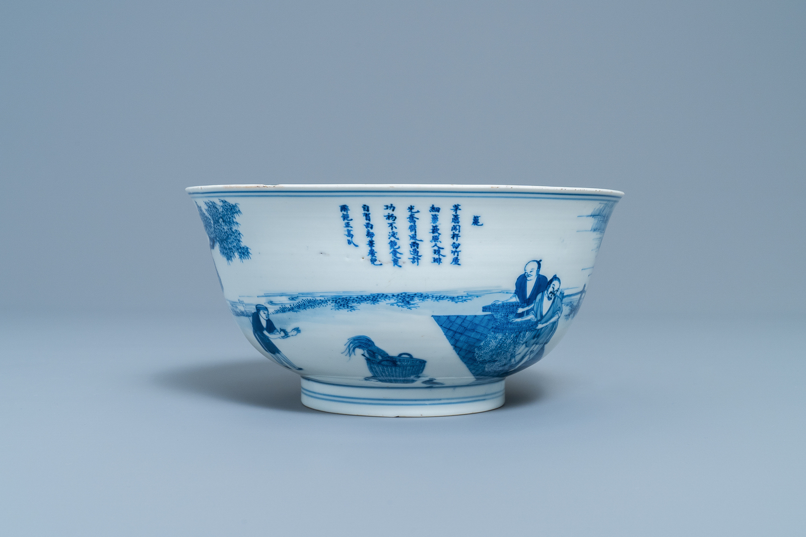 An imperial Chinese blue and white 'rice production' bowl, Kangxi mark and of the period - Image 7 of 14