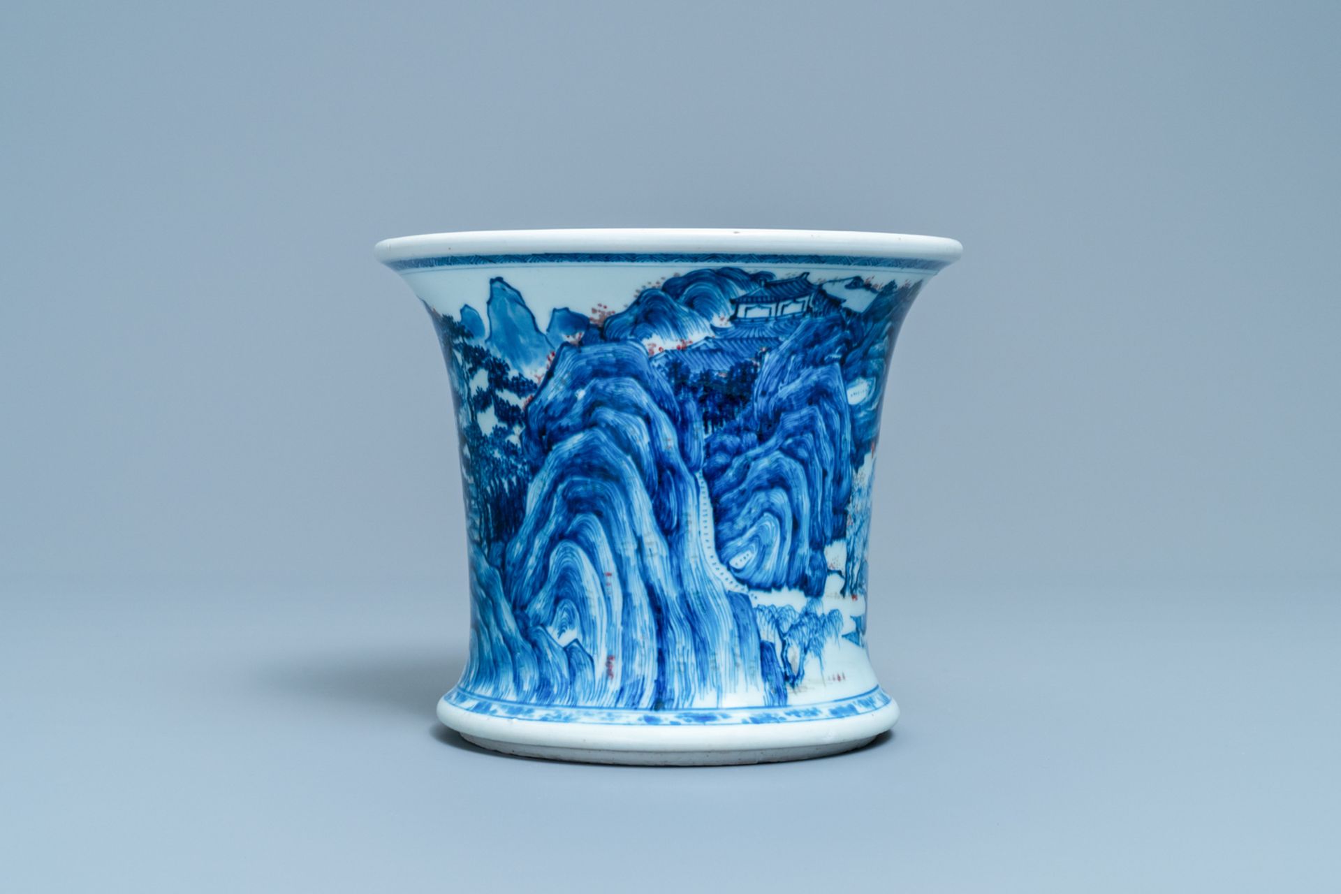 A fine Chinese blue, white and copper red 'Master of the Rocks' brush pot, Kangxi - Bild 6 aus 9