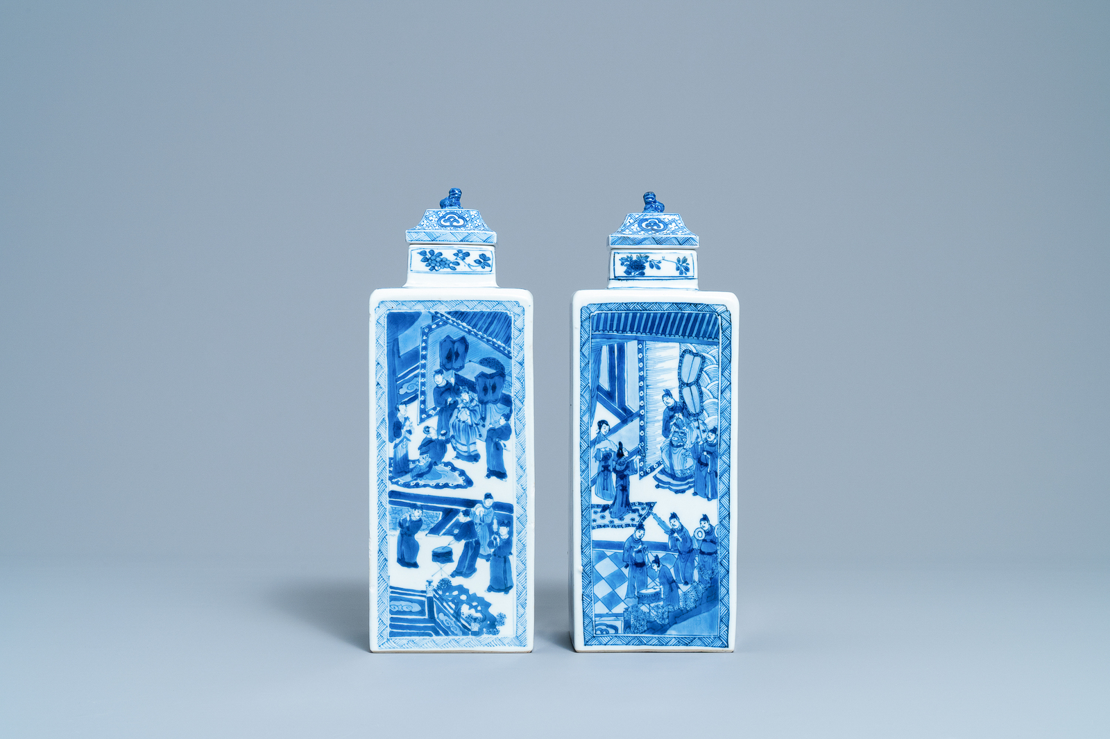 A pair of Chinese blue and white square vases and covers, Kangxi - Image 2 of 7