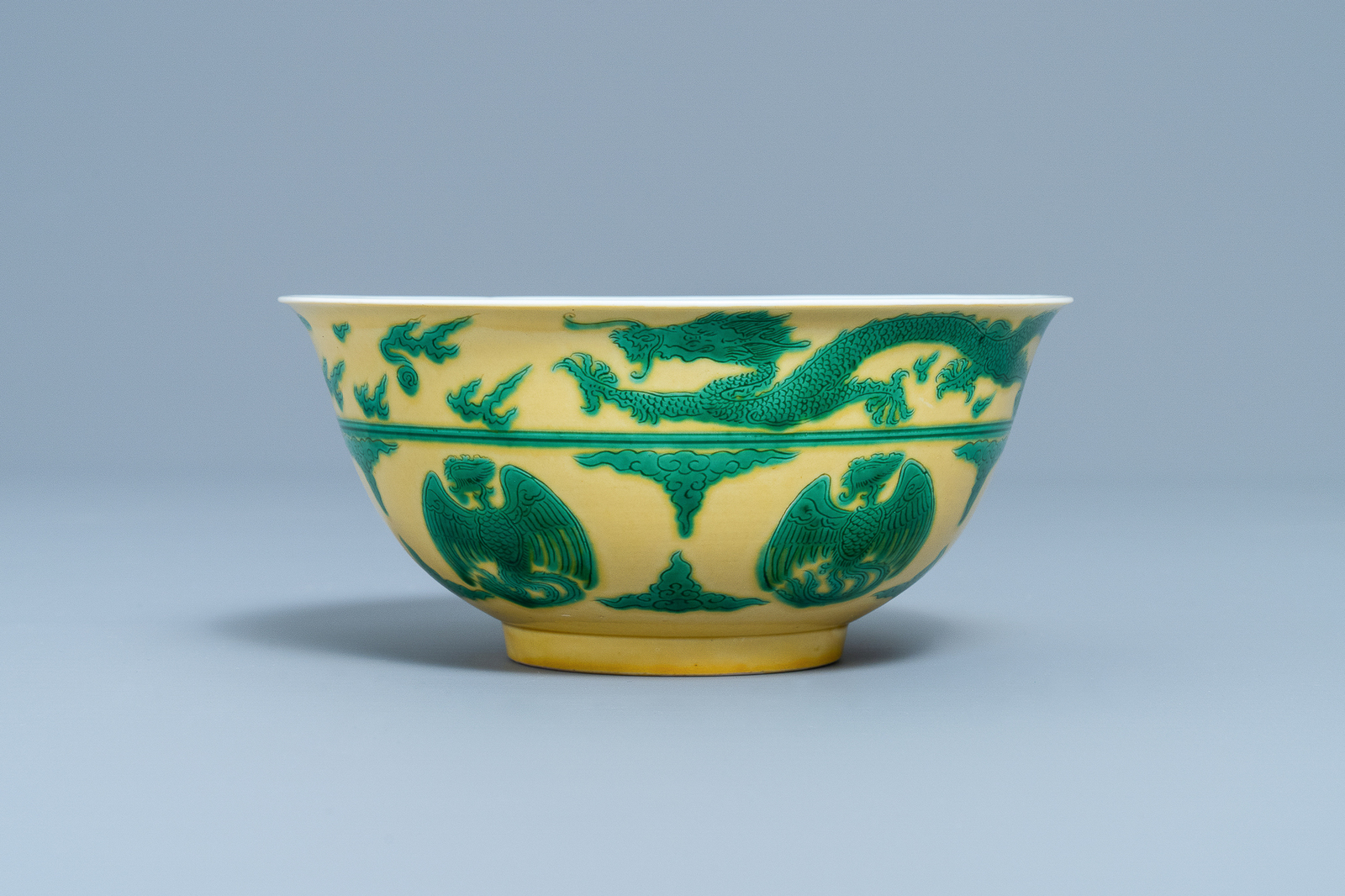 An imperial Chinese green & yellow enamelled 'dragon and phoenix' bowl, Kangxi mark & of the period - Image 2 of 9