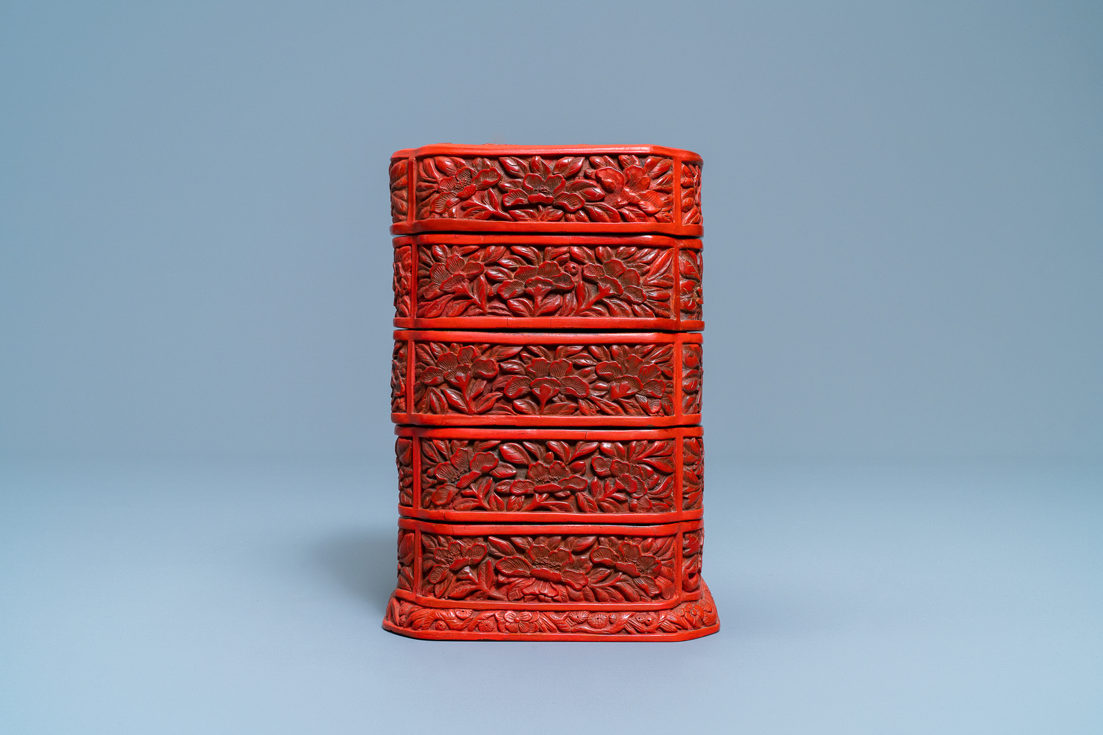 A Chinese red cinnabar lacquer four-tiered box, Wanli - Image 7 of 9