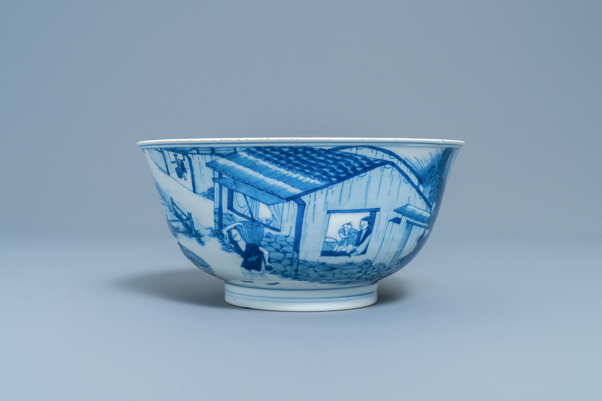 An imperial Chinese blue and white 'rice production' bowl, Kangxi mark and of the period - Bild 10 aus 14