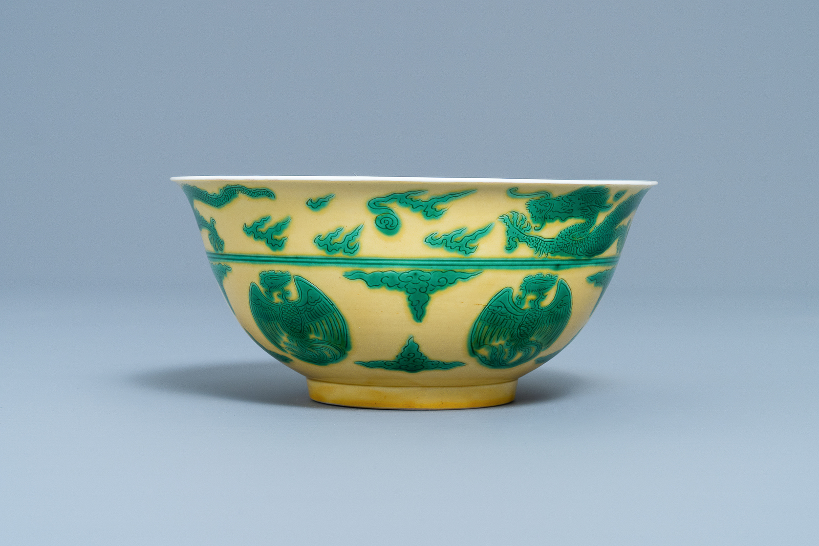 An imperial Chinese green & yellow enamelled 'dragon and phoenix' bowl, Kangxi mark & of the period - Image 5 of 9