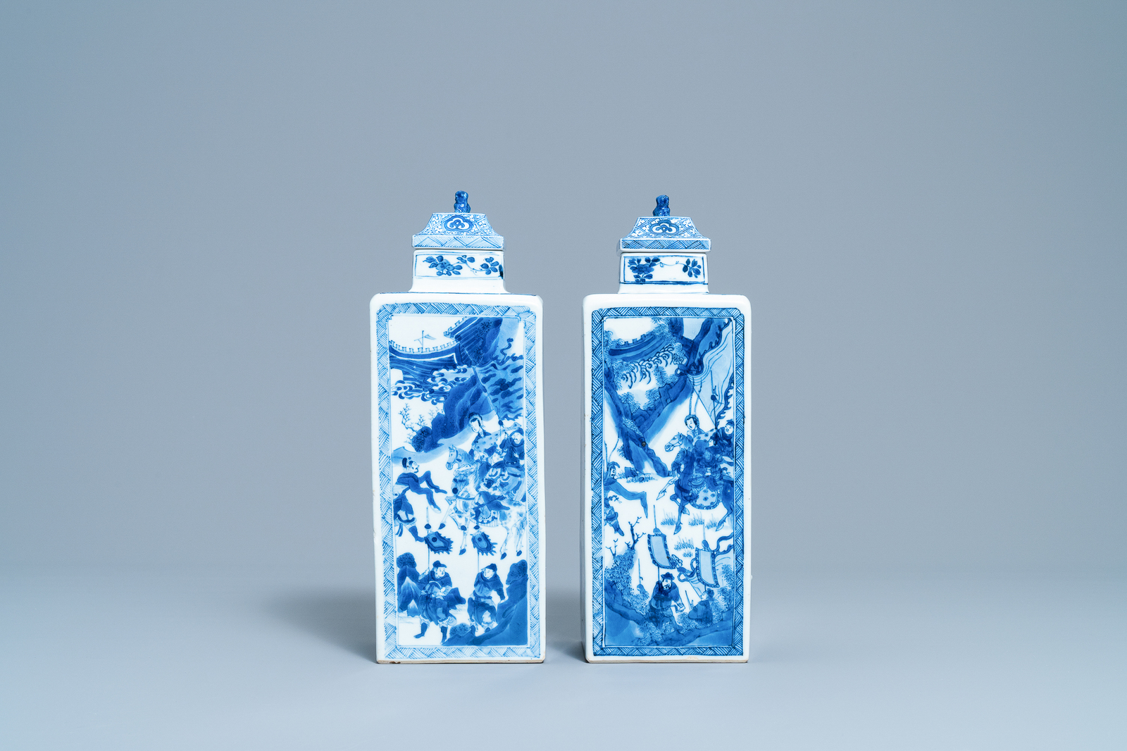 A pair of Chinese blue and white square vases and covers, Kangxi - Image 3 of 7