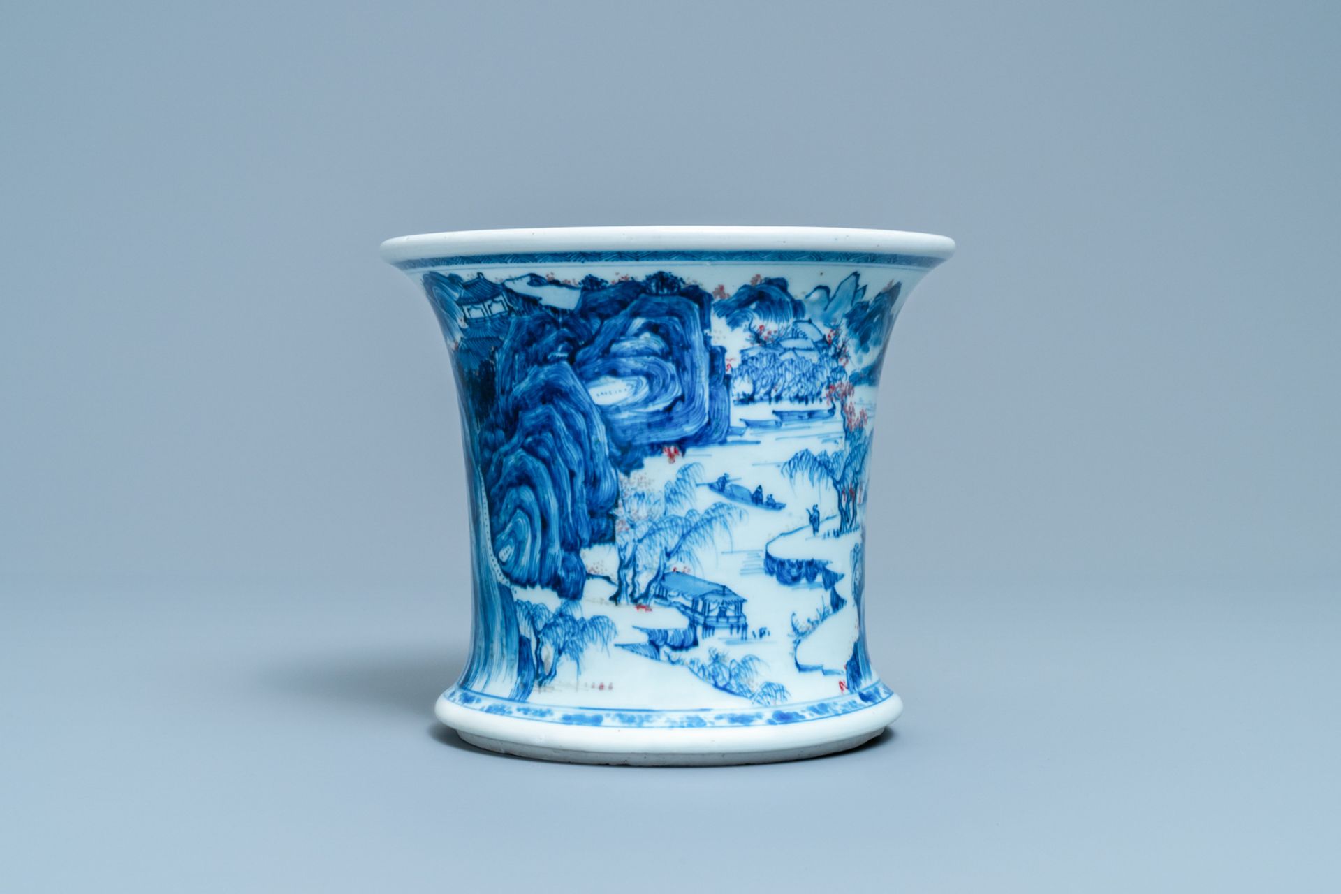 A fine Chinese blue, white and copper red 'Master of the Rocks' brush pot, Kangxi - Bild 7 aus 9