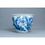 A rare large Chinese blue and white relief-moulded jardinière, Kangxi