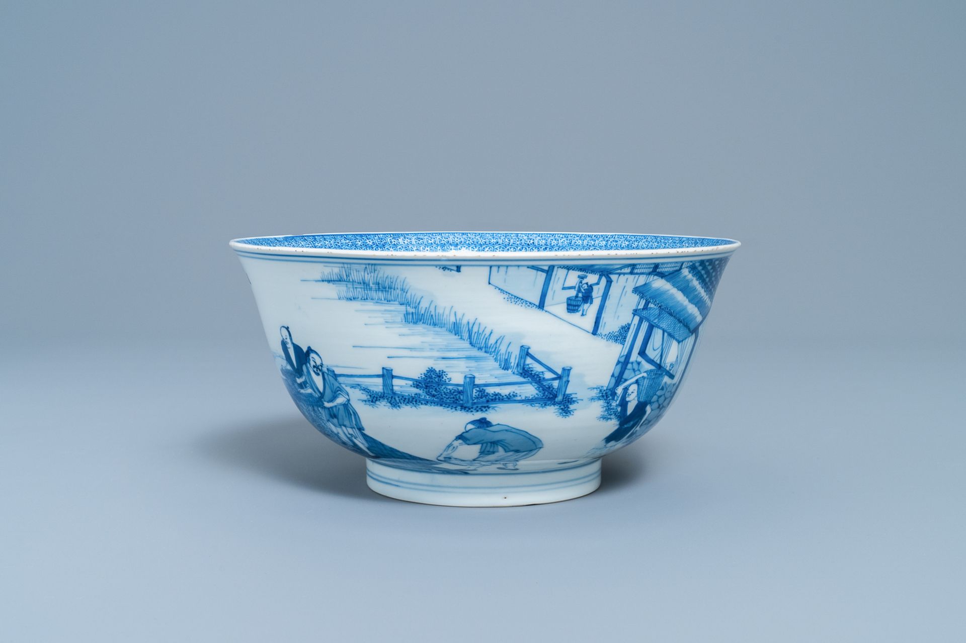 An imperial Chinese blue and white 'rice production' bowl, Kangxi mark and of the period - Bild 2 aus 14