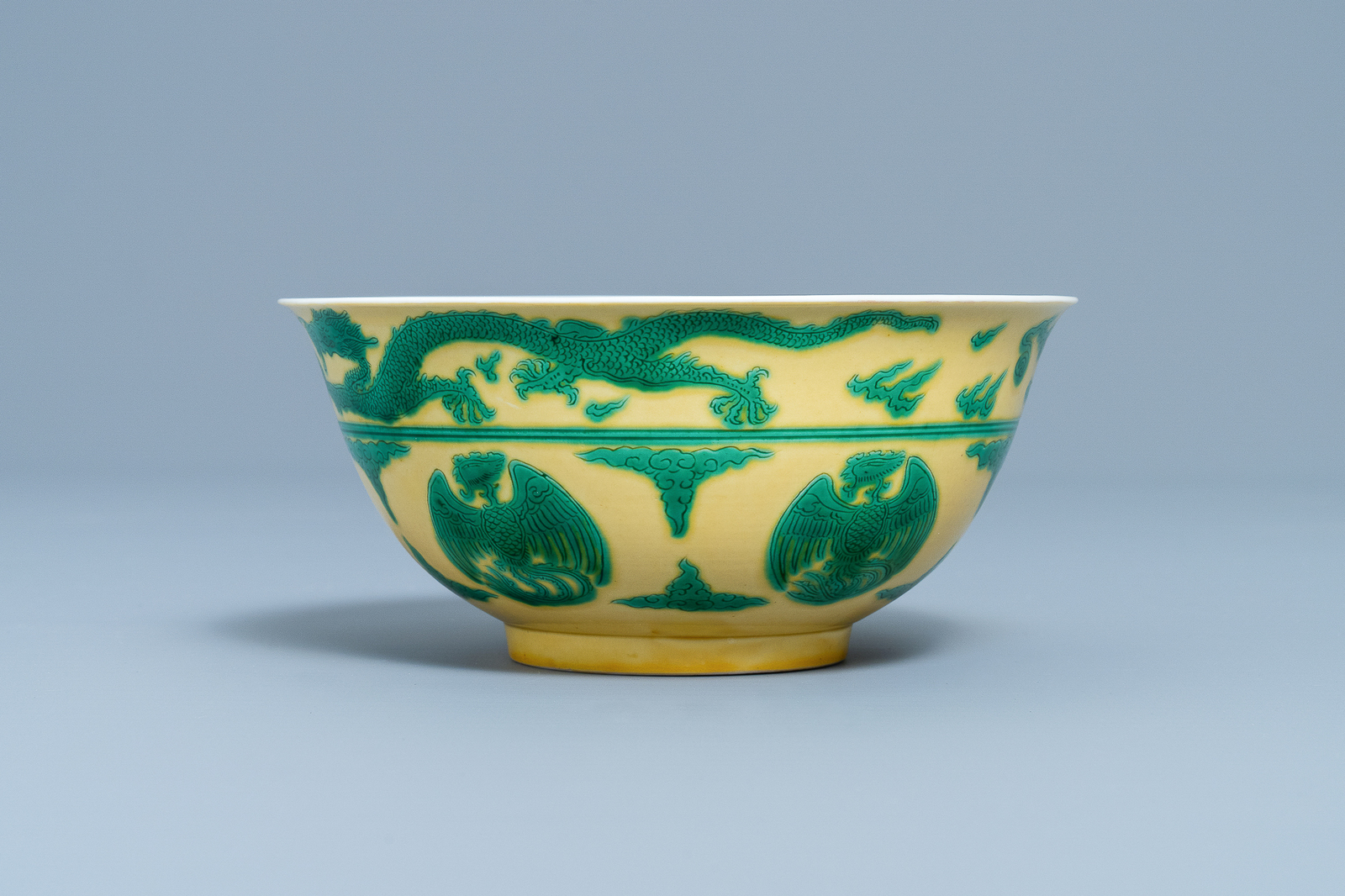 An imperial Chinese green & yellow enamelled 'dragon and phoenix' bowl, Kangxi mark & of the period - Image 4 of 9
