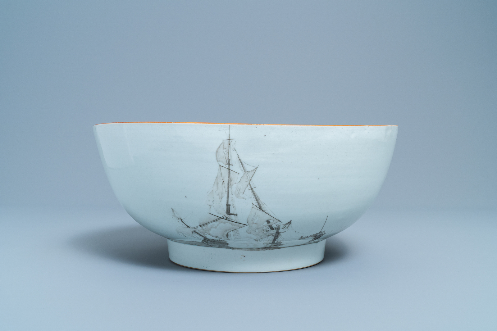 A large Chinese famille rose and grisaille bowl with the naval battle at Cartagena, Qianlong - Image 3 of 37