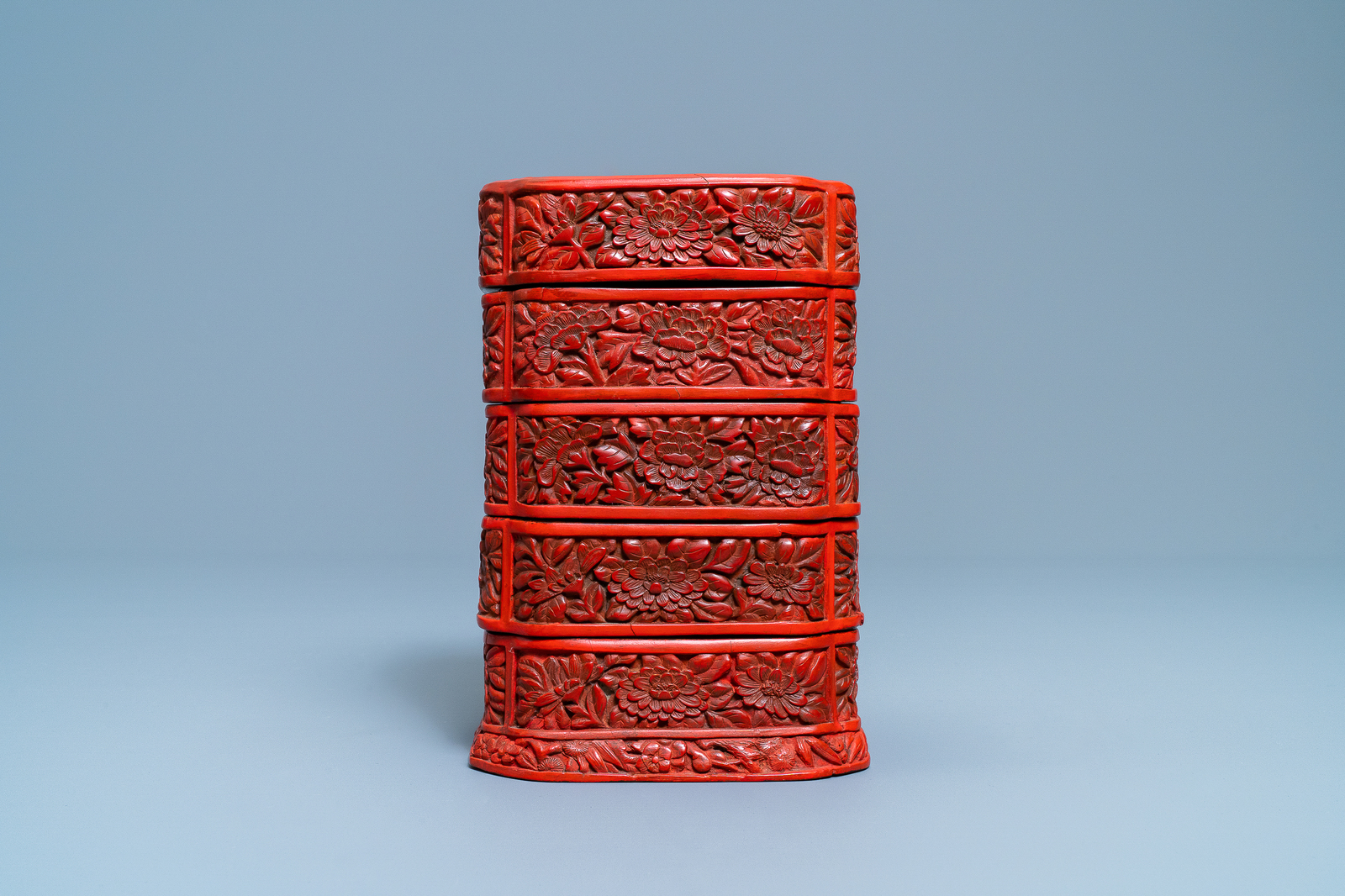 A Chinese red cinnabar lacquer four-tiered box, Wanli - Image 6 of 9