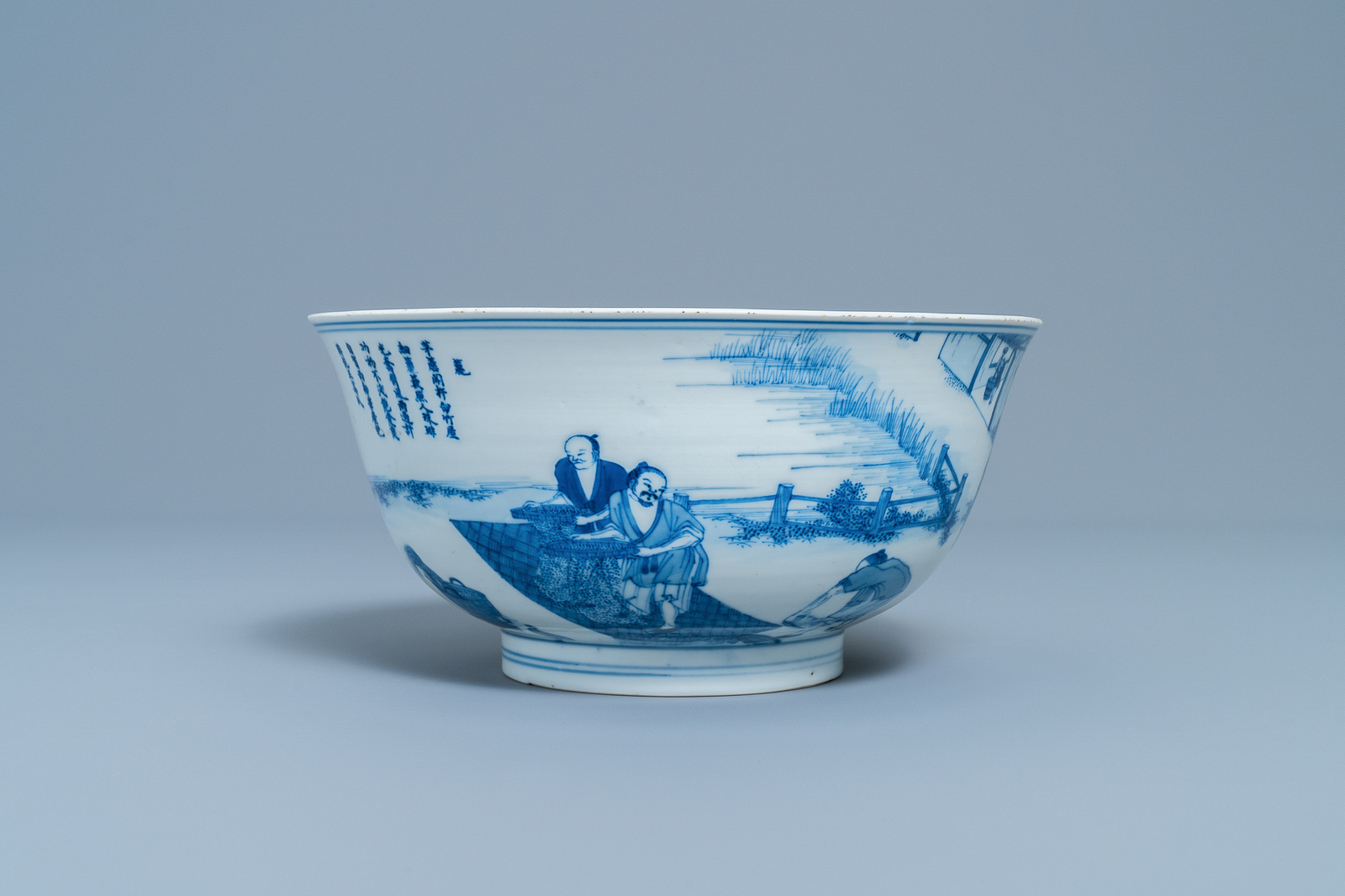 An imperial Chinese blue and white 'rice production' bowl, Kangxi mark and of the period - Image 8 of 14