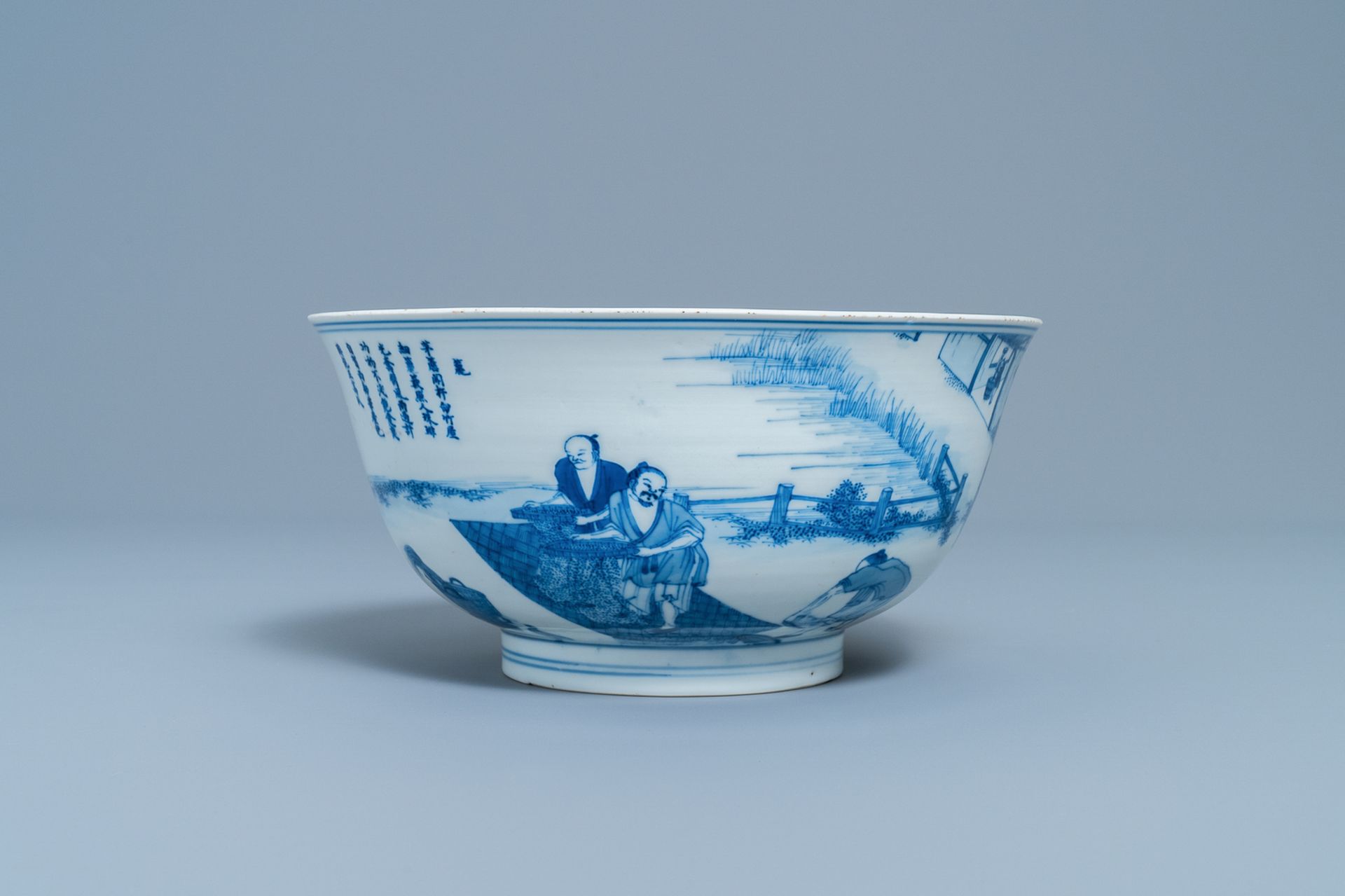 An imperial Chinese blue and white 'rice production' bowl, Kangxi mark and of the period - Bild 8 aus 14