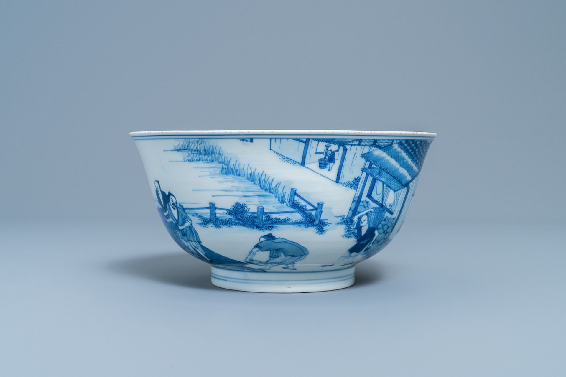 An imperial Chinese blue and white 'rice production' bowl, Kangxi mark and of the period - Bild 9 aus 14