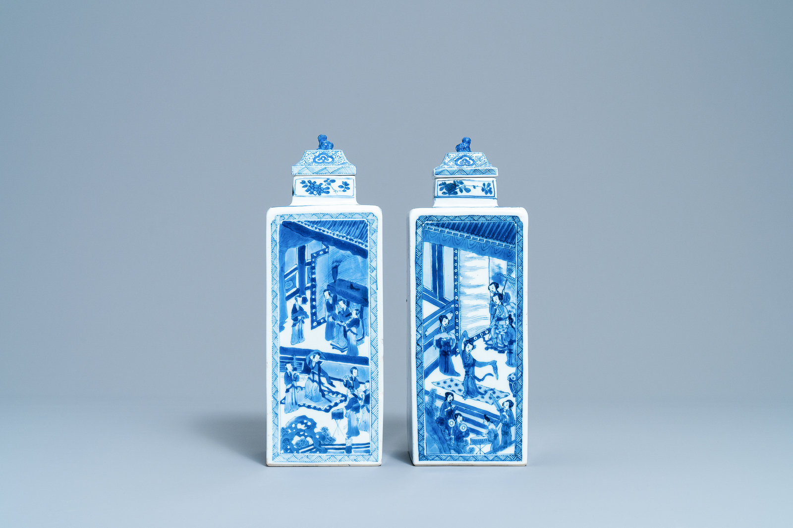 A pair of Chinese blue and white square vases and covers, Kangxi - Image 4 of 7