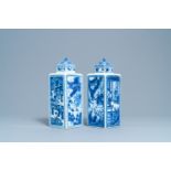 A pair of Chinese blue and white square vases and covers, Kangxi