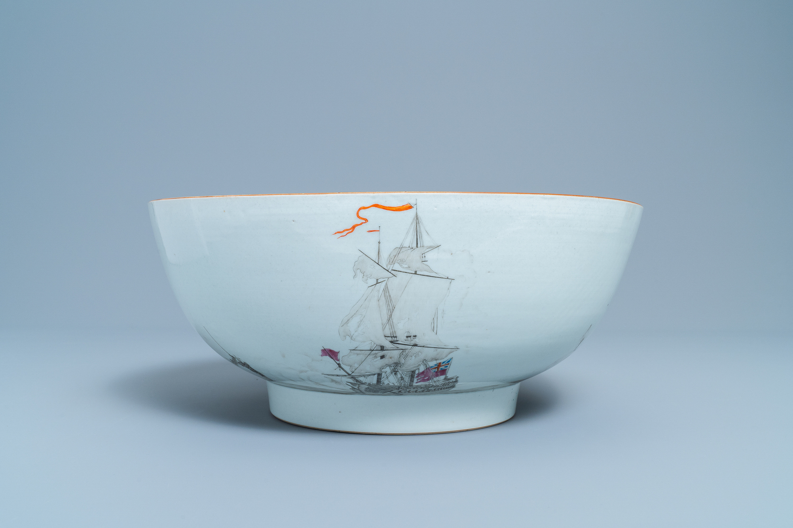 A large Chinese famille rose and grisaille bowl with the naval battle at Cartagena, Qianlong - Image 2 of 37