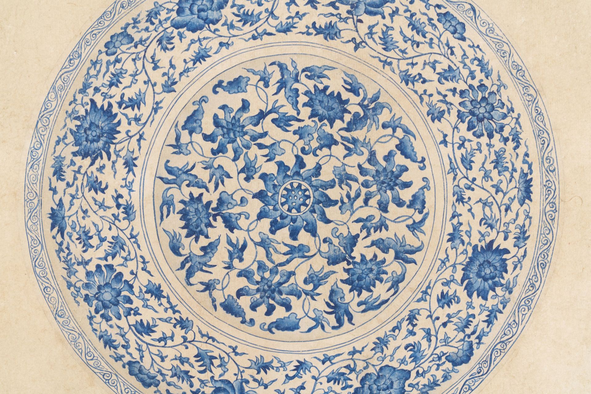 Chinese school, colour on paper, 19th C.: 'A blue and white porcelain Yuan period dish' - Image 4 of 18