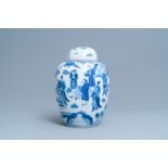 A Chinese blue and white covered jar with figures in a landscape, 19th C.