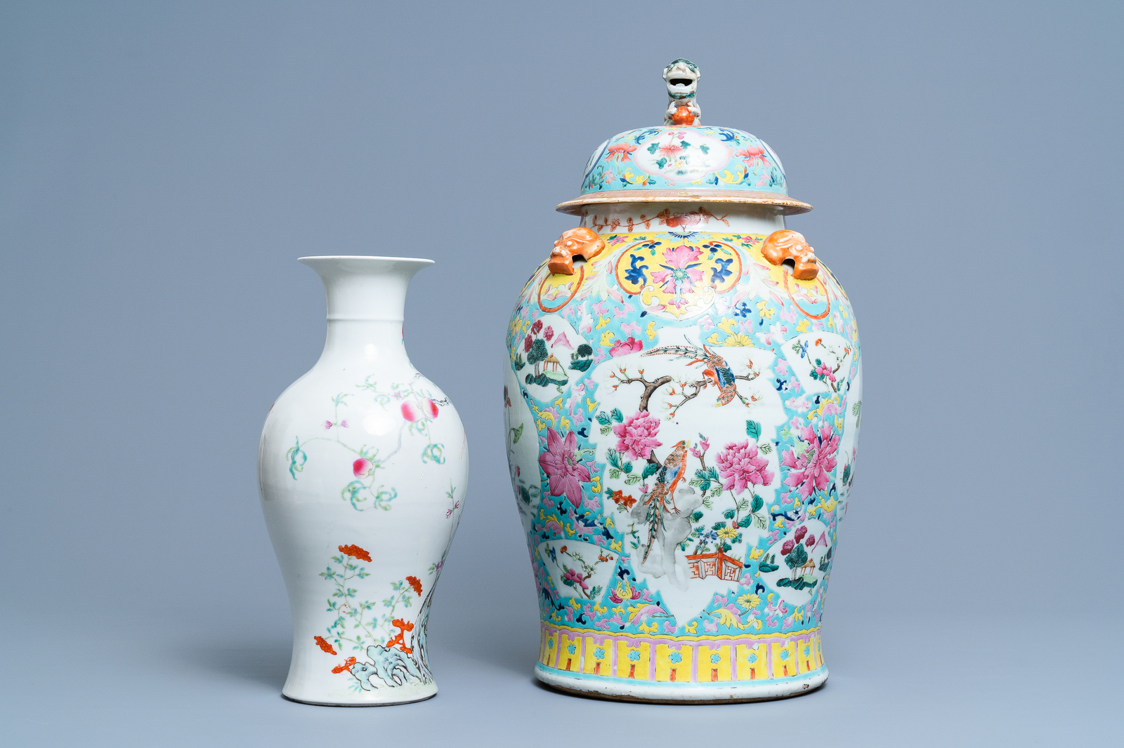 A Chinese famille rose covered vase and a vase with birds and peaches, 19/20th C. - Image 2 of 6