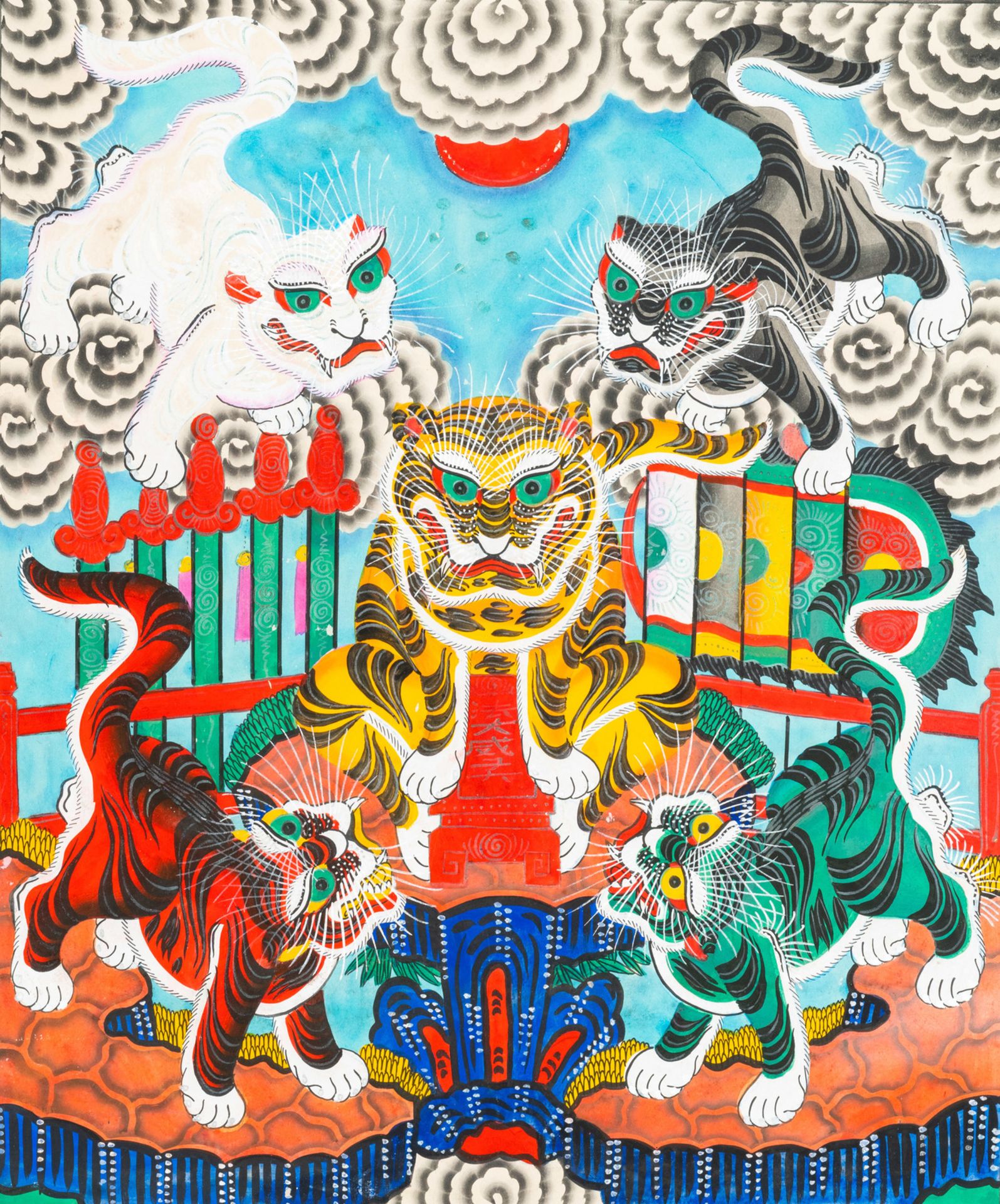 Vietnamese school, ink and colour on paper, 19/20th C.: 'A pair of works with five tigers' - Bild 2 aus 3